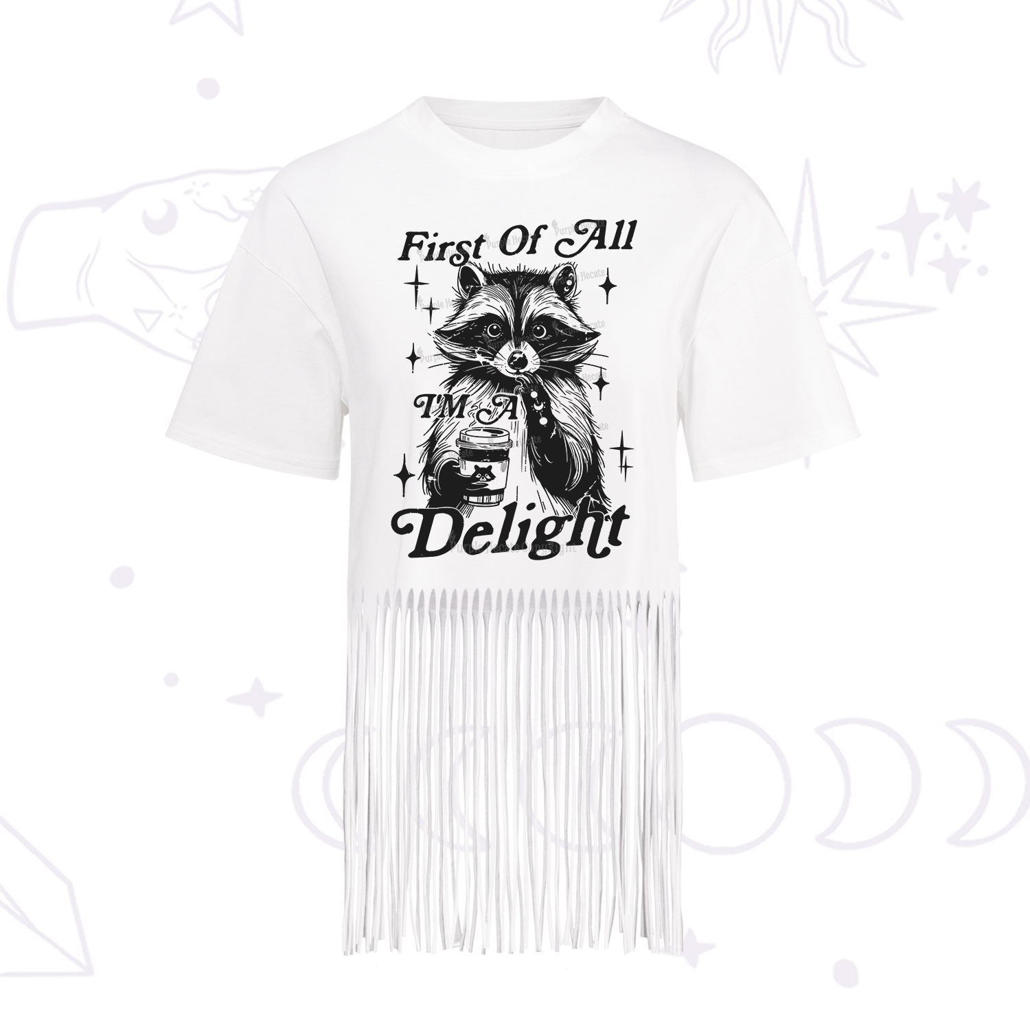 Purplehecate First Of All I'm A Delightful Funny Raccoon Fringe Hem T-Shirt
