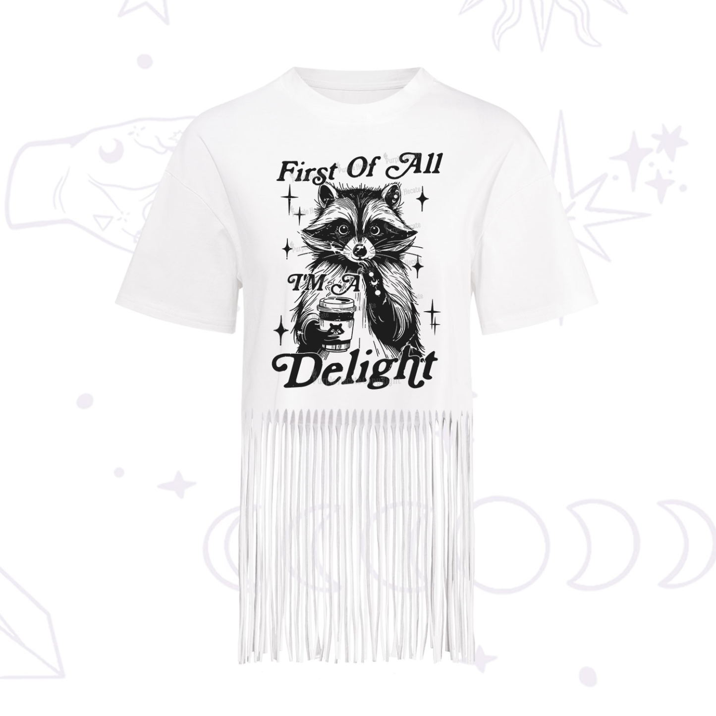 Purplehecate First Of All I'm A Delightful Funny Raccoon Fringe Hem T-Shirt