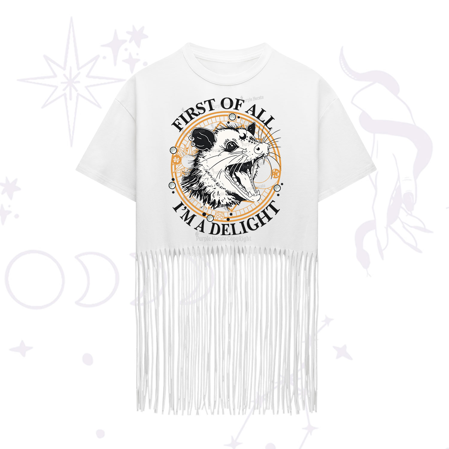 Purplehecate First Of All I Am A Delightful Angry Opossum Fringe Hem T-Shirt
