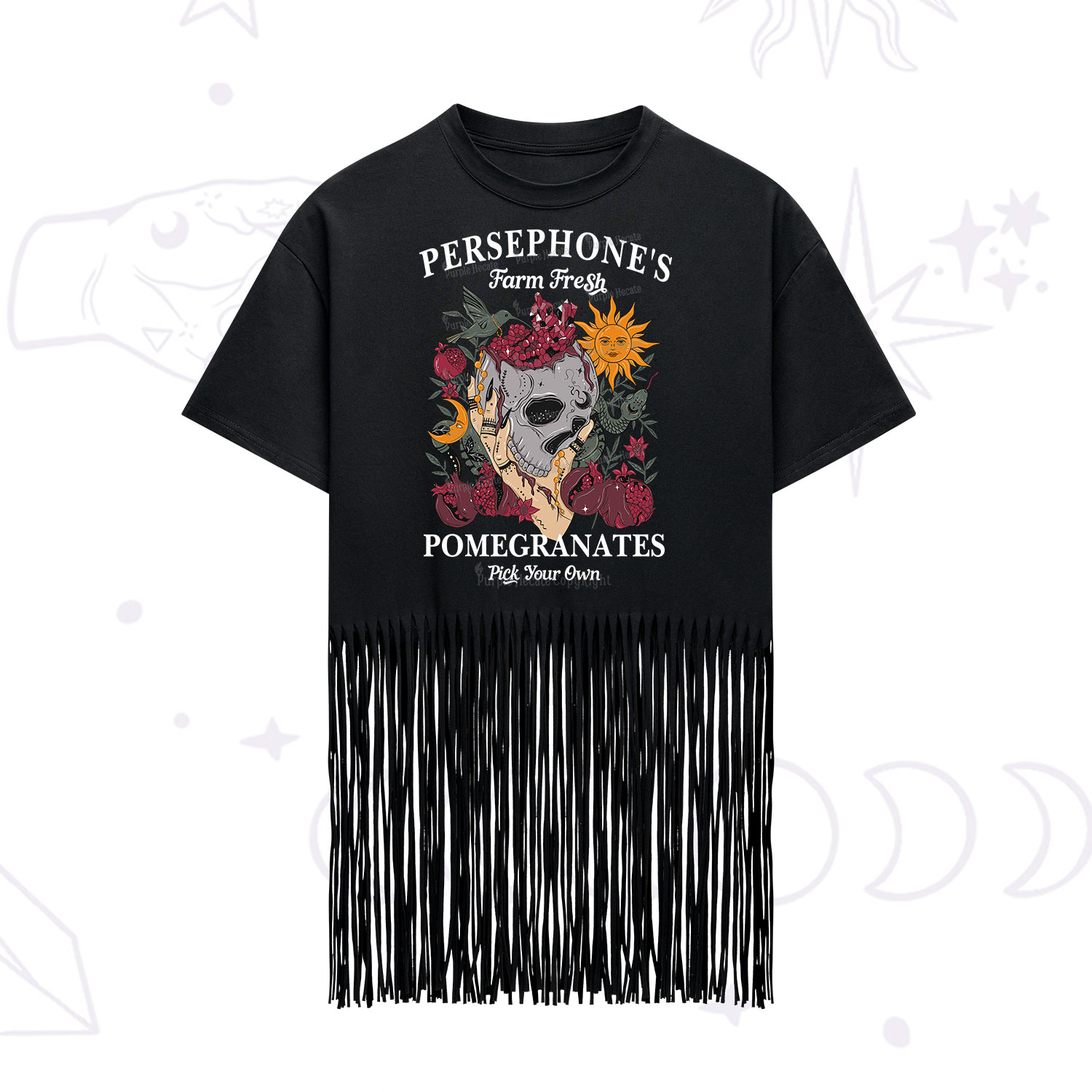 Purplehecate Persephone's Farm Fresh Pomegranates Pick Your Own Fringe Hem T-Shirt