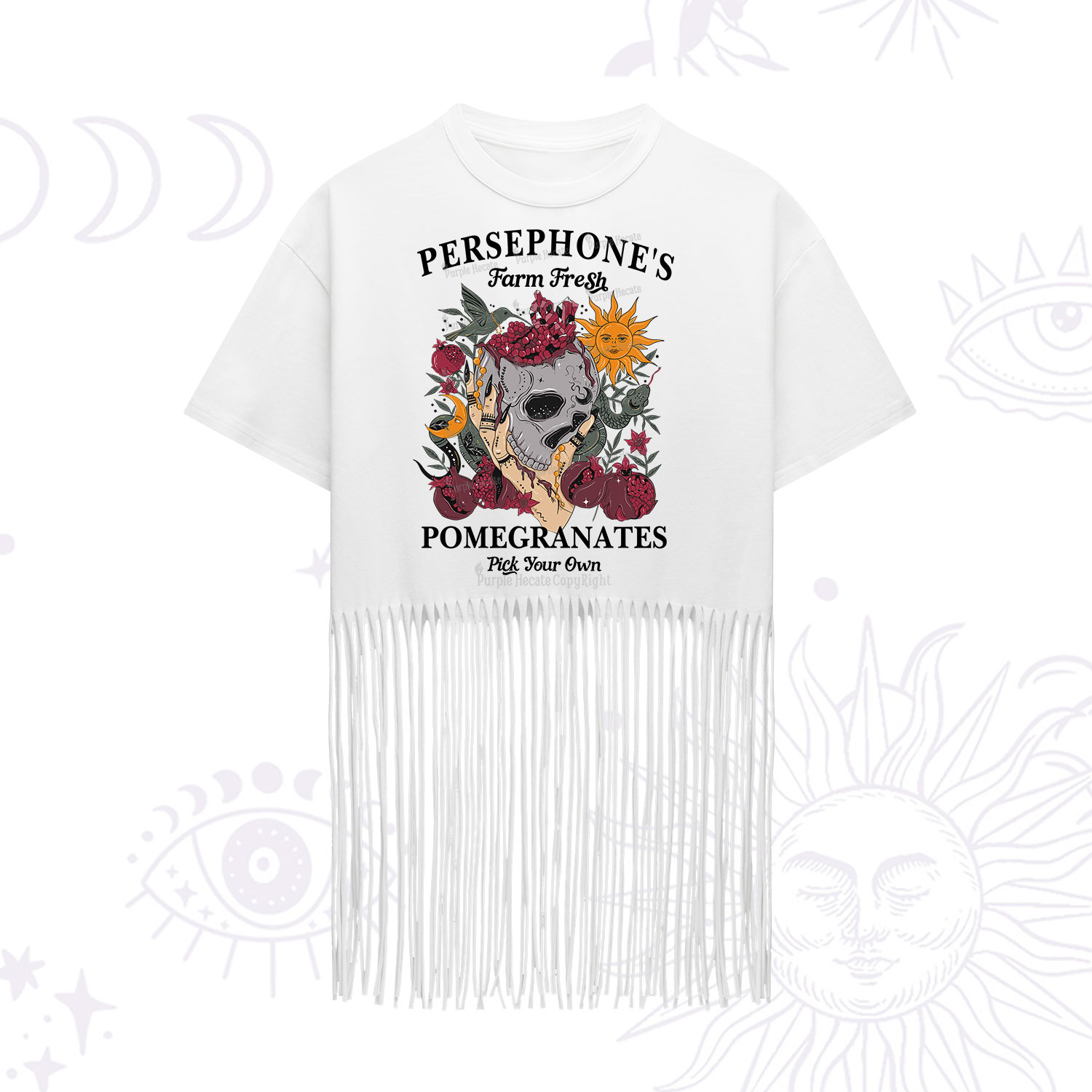 Purplehecate Persephone's Farm Fresh Pomegranates Pick Your Own Fringe Hem T-Shirt