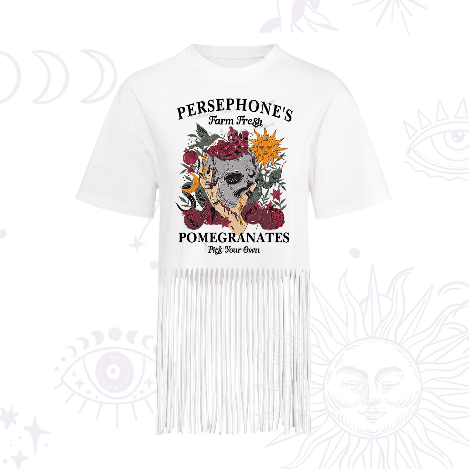 Purplehecate Persephone's Farm Fresh Pomegranates Pick Your Own Fringe Hem T-Shirt