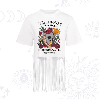 Purplehecate Persephone's Farm Fresh Pomegranates Pick Your Own Fringe Hem T-Shirt