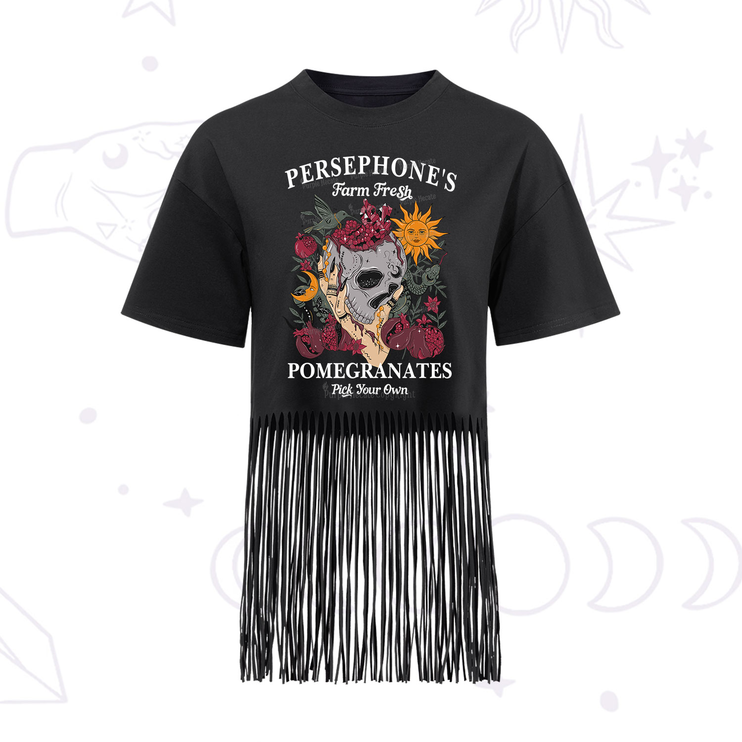 Purplehecate Persephone's Farm Fresh Pomegranates Pick Your Own Fringe Hem T-Shirt