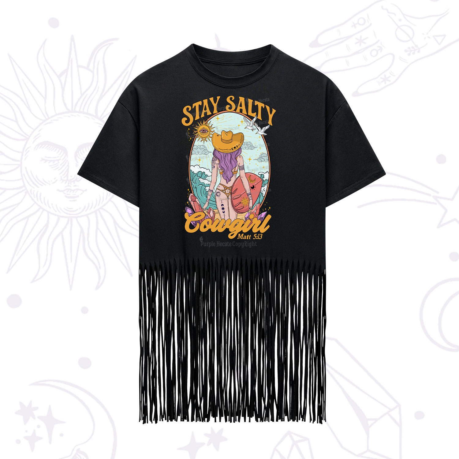 Purplehecate Stay Salty Cowgirl Fringe Hem T-Shirt