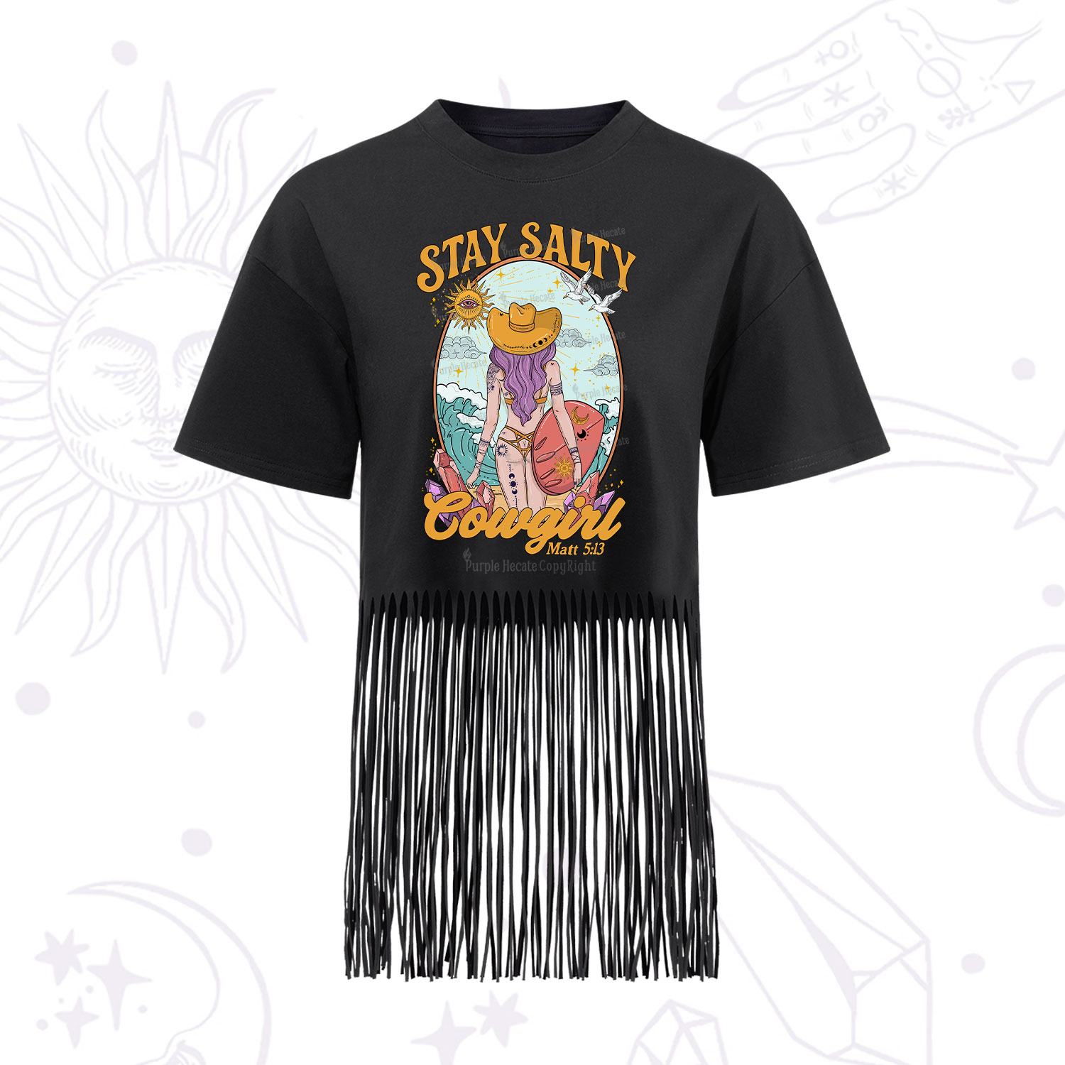 Purplehecate Stay Salty Cowgirl Fringe Hem T-Shirt