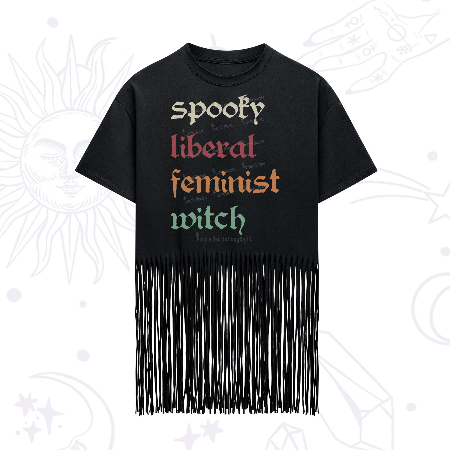 Purplehecate Spooky Liberal Feminist Witch Fringe Hem T-Shirt