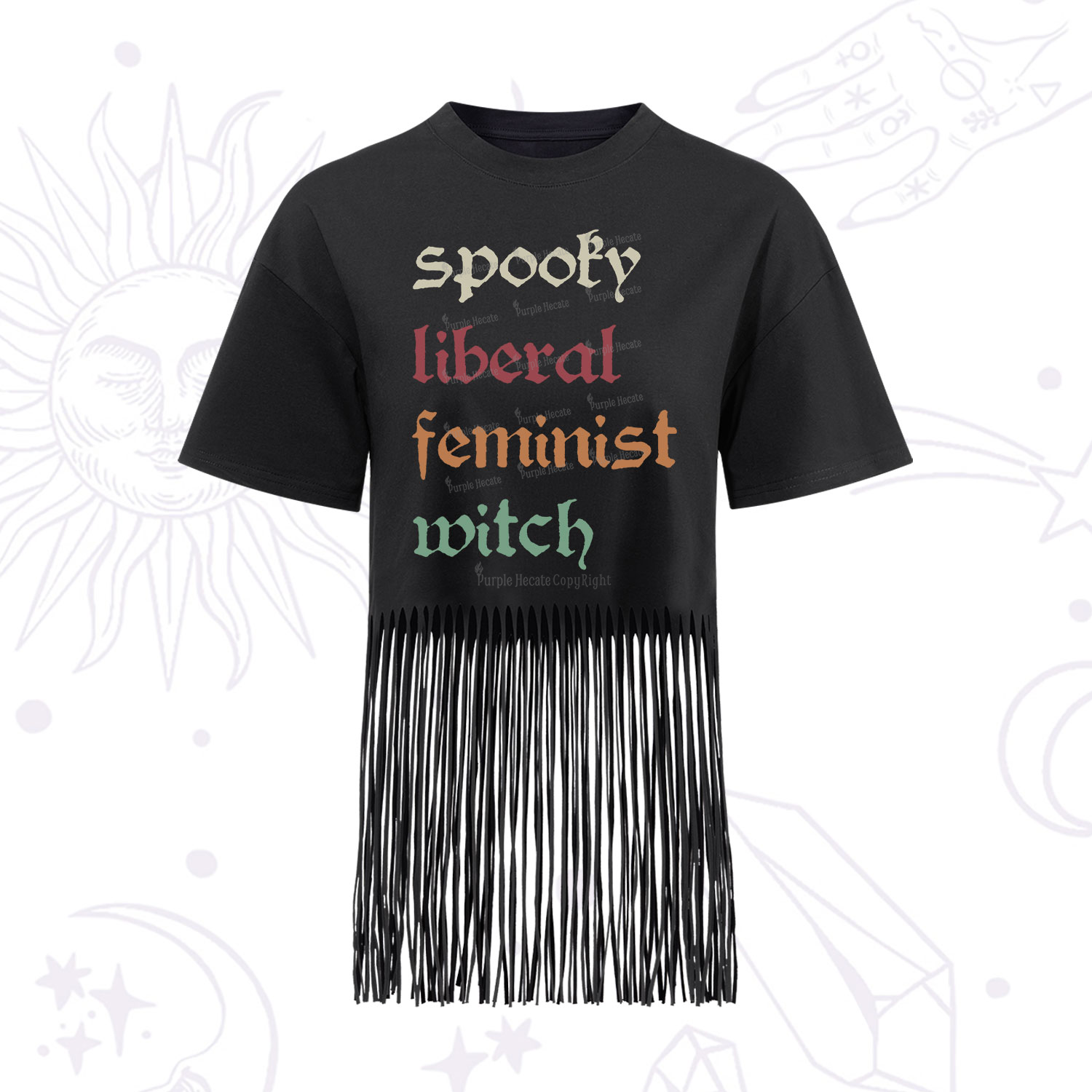 Purplehecate Spooky Liberal Feminist Witch Fringe Hem T-Shirt