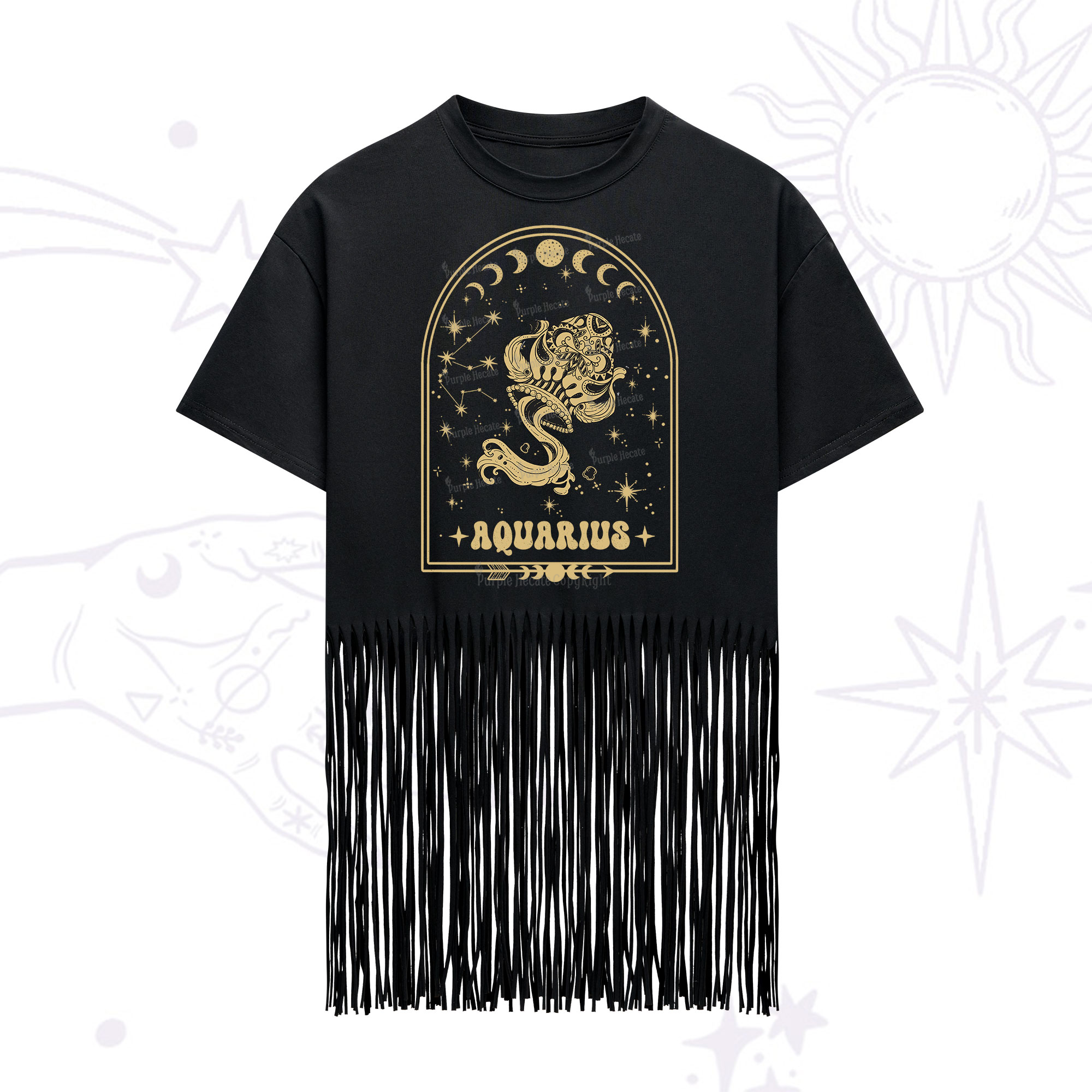 Purplehecate Zodiac Aquarius Under the Stars Fringe Hem T-Shirt