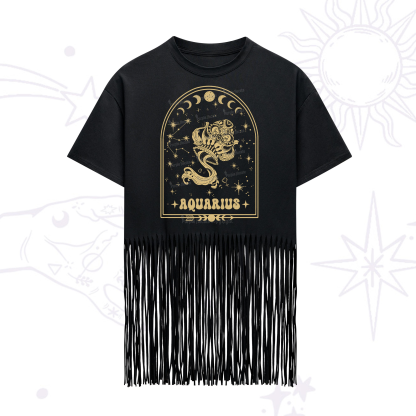 Purplehecate Zodiac Aquarius Under the Stars Fringe Hem T-Shirt