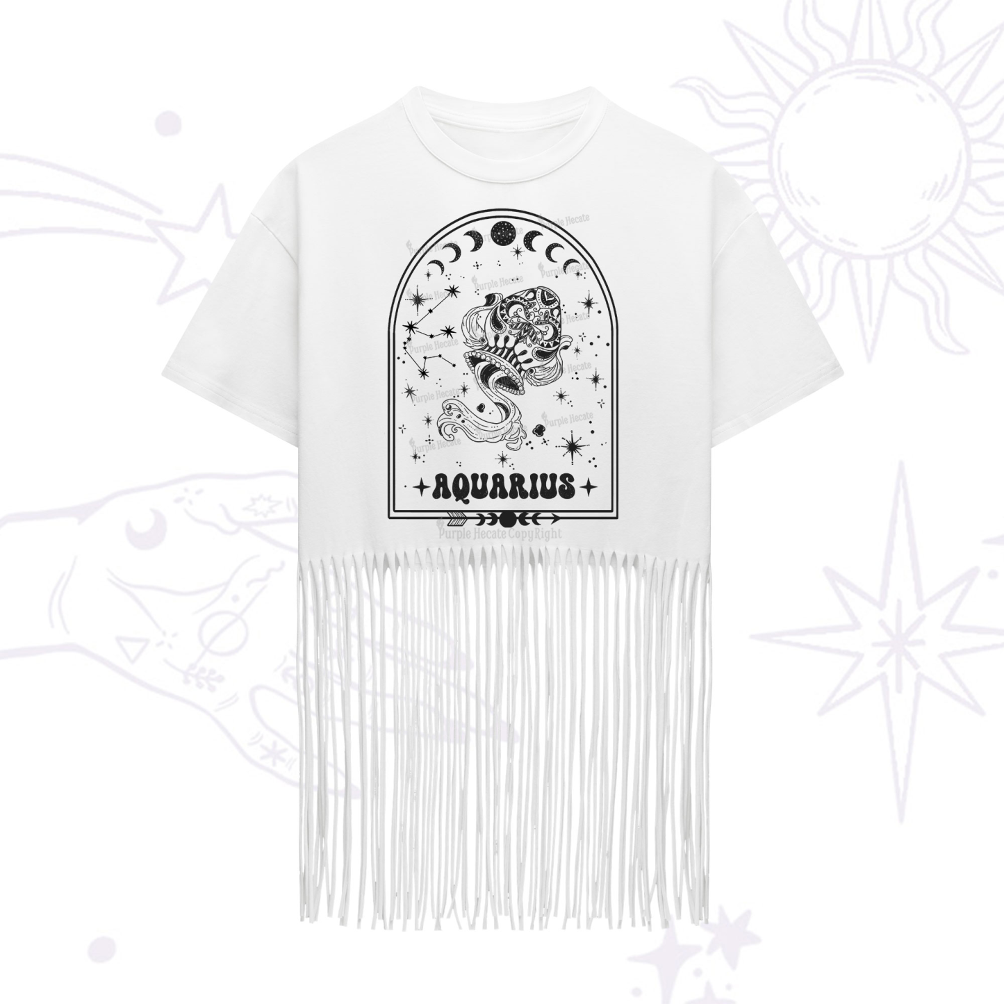 Purplehecate Zodiac Aquarius Under the Stars Fringe Hem T-Shirt