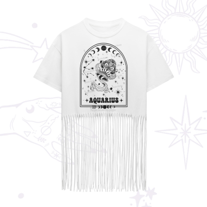 Purplehecate Zodiac Aquarius Under the Stars Fringe Hem T-Shirt