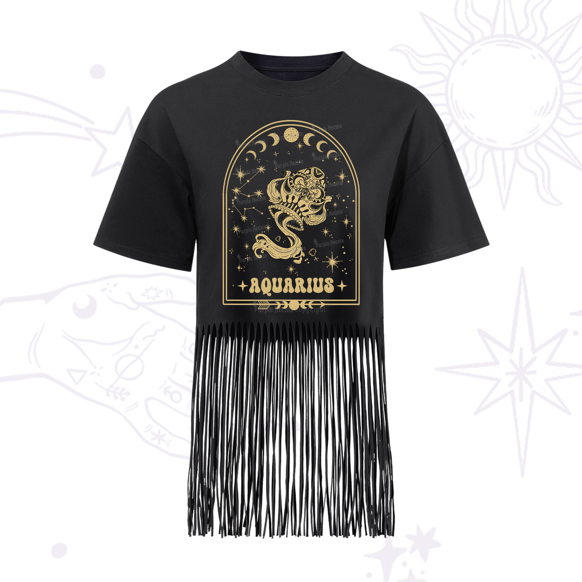 Purplehecate Zodiac Aquarius Under the Stars Fringe Hem T-Shirt