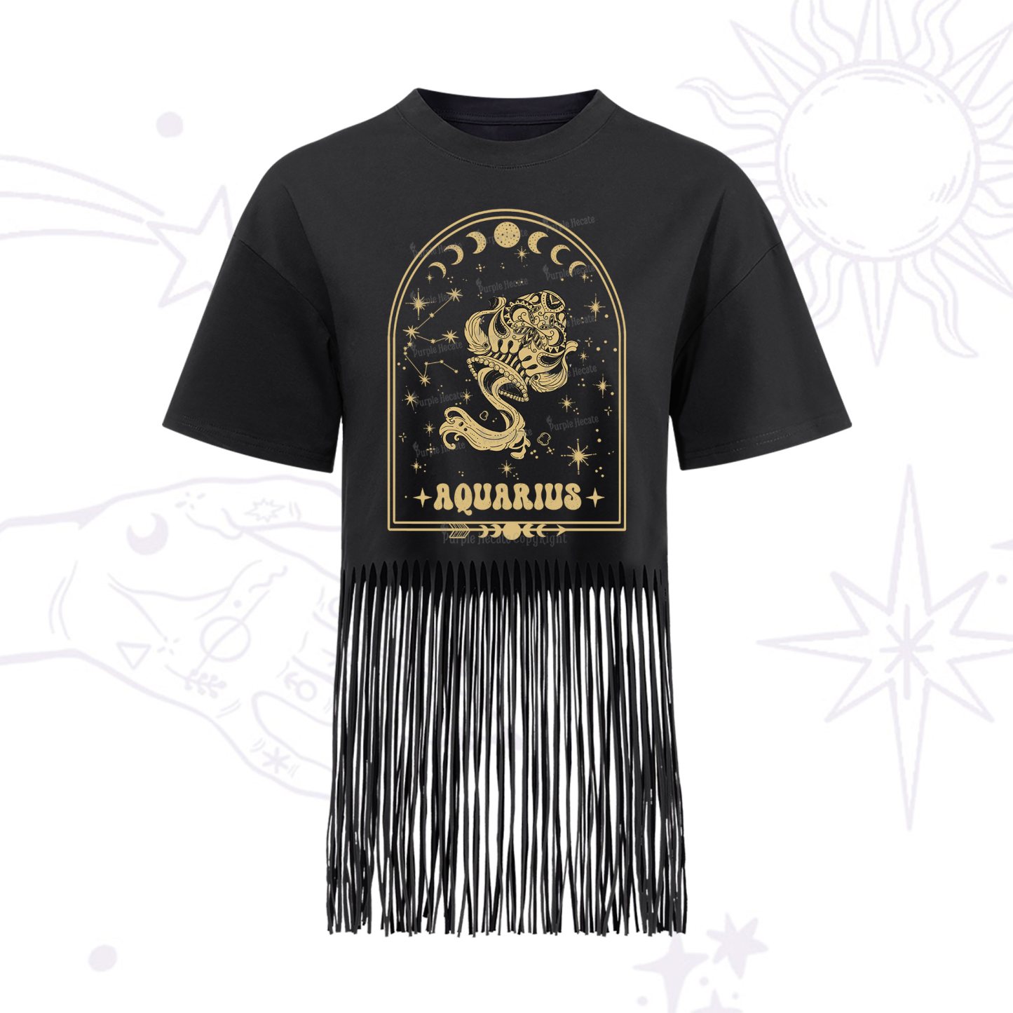 Purplehecate Zodiac Aquarius Under the Stars Fringe Hem T-Shirt