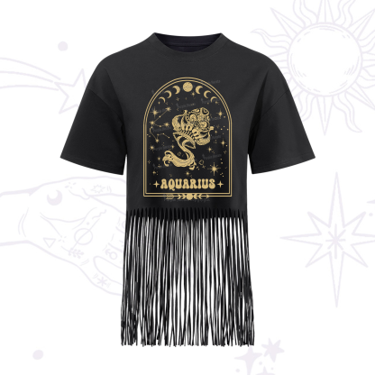 Purplehecate Zodiac Aquarius Under the Stars Fringe Hem T-Shirt