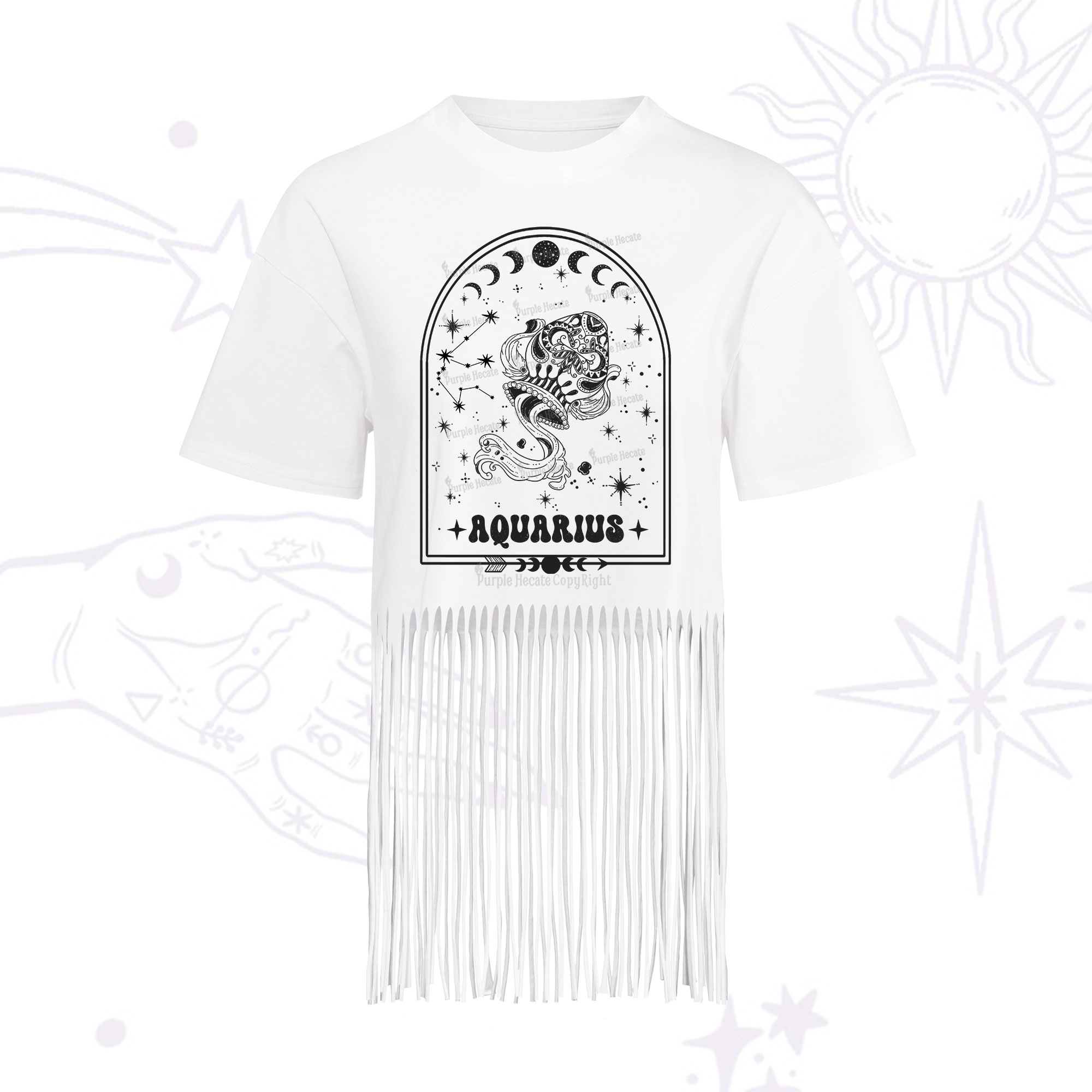 Purplehecate Zodiac Aquarius Under the Stars Fringe Hem T-Shirt