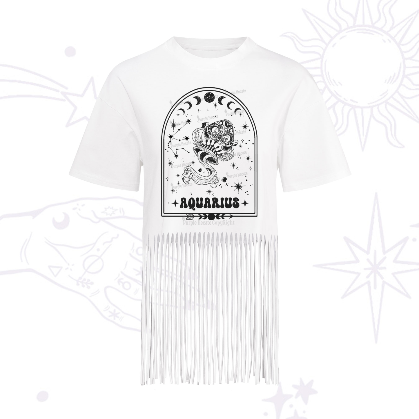 Purplehecate Zodiac Aquarius Under the Stars Fringe Hem T-Shirt
