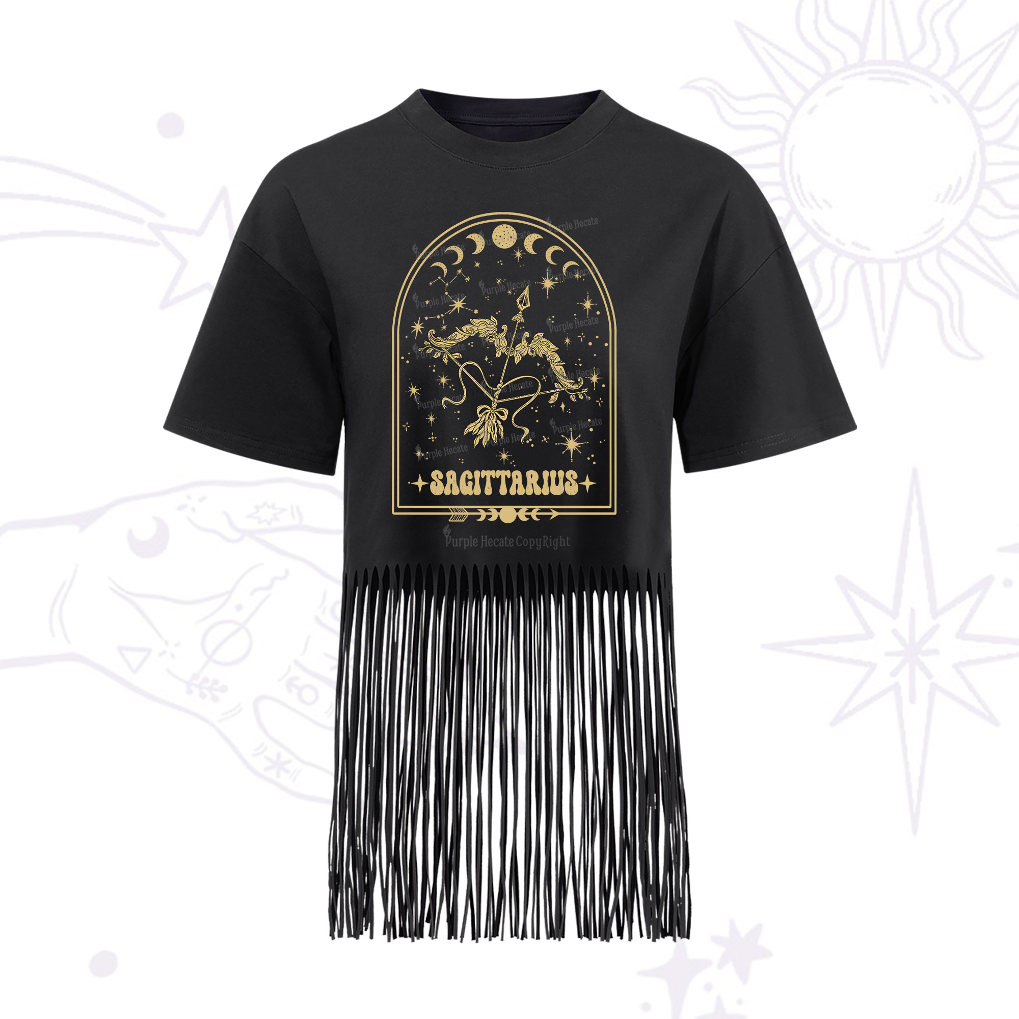 Purplehecate Zodiac Sagittarius Under the Stars Fringe Hem T-Shirt