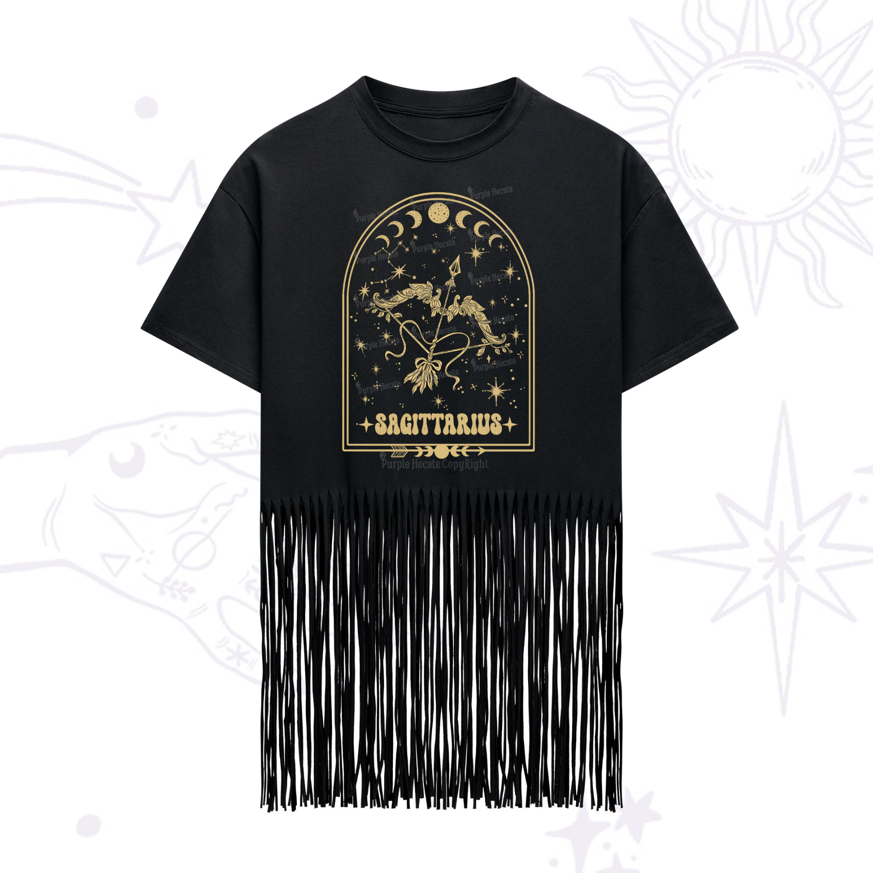 Purplehecate Zodiac Sagittarius Under the Stars Fringe Hem T-Shirt