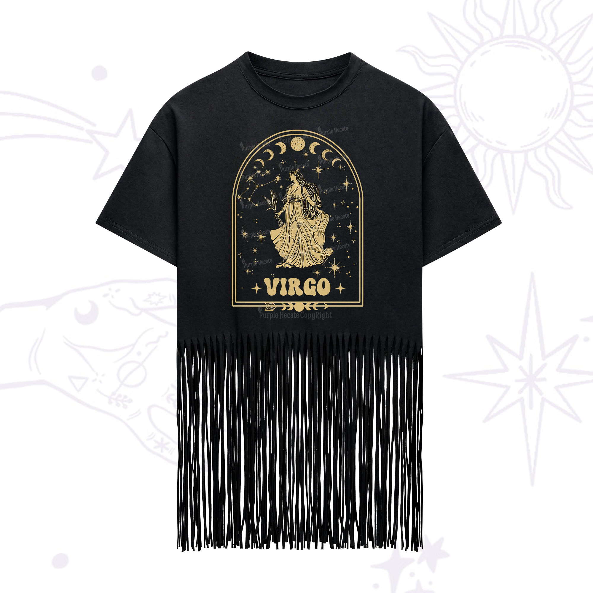 Purplehecate Zodiac Virgo Under the Stars Fringe Hem T-Shirt
