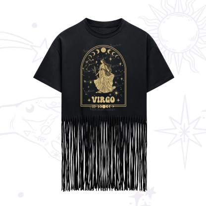 Purplehecate Zodiac Virgo Under the Stars Fringe Hem T-Shirt