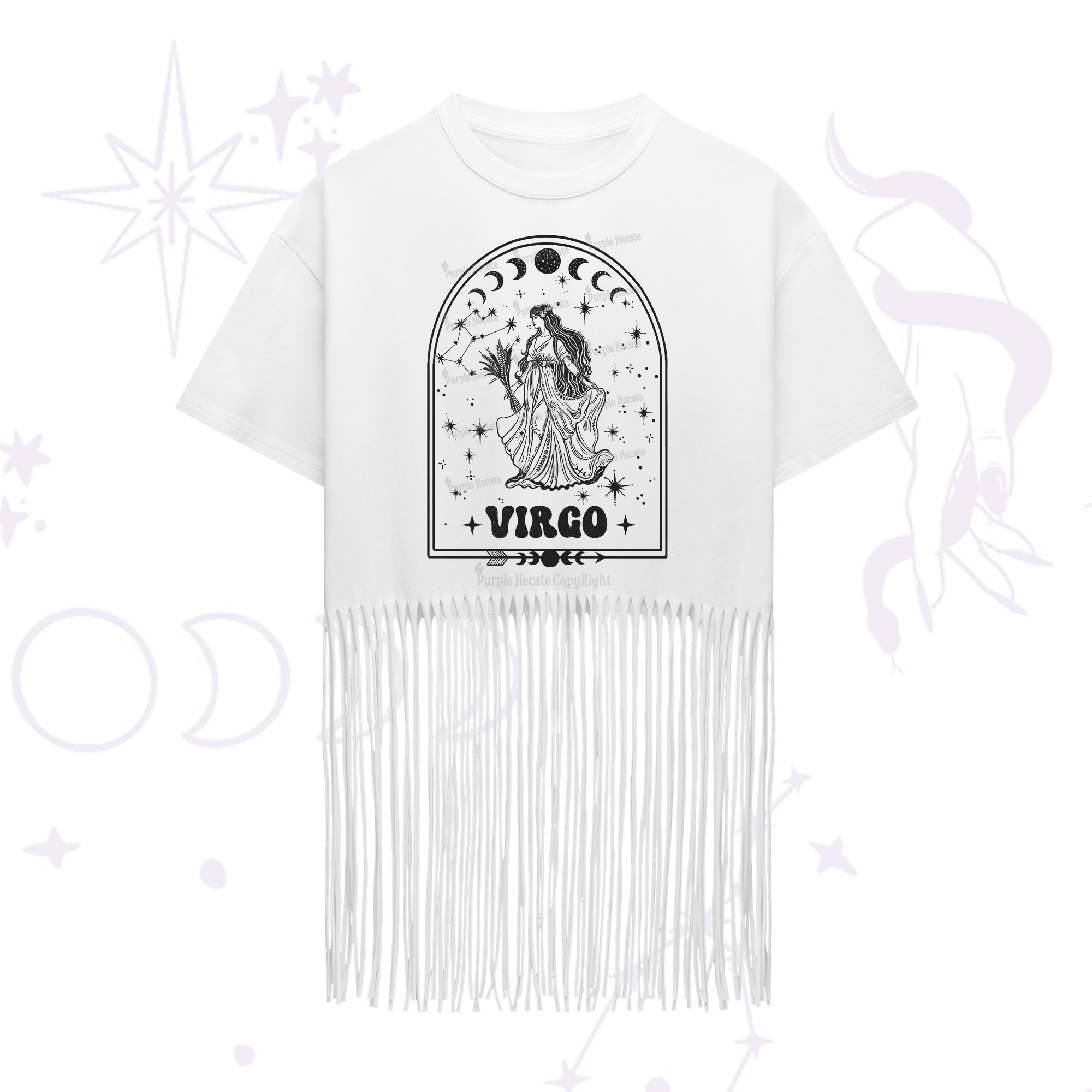 Purplehecate Zodiac Virgo Under the Stars Fringe Hem T-Shirt