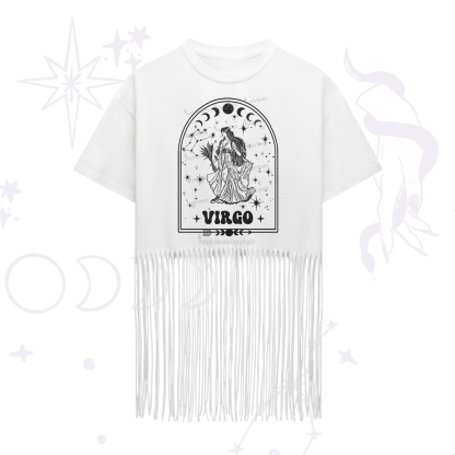 Purplehecate Zodiac Virgo Under the Stars Fringe Hem T-Shirt
