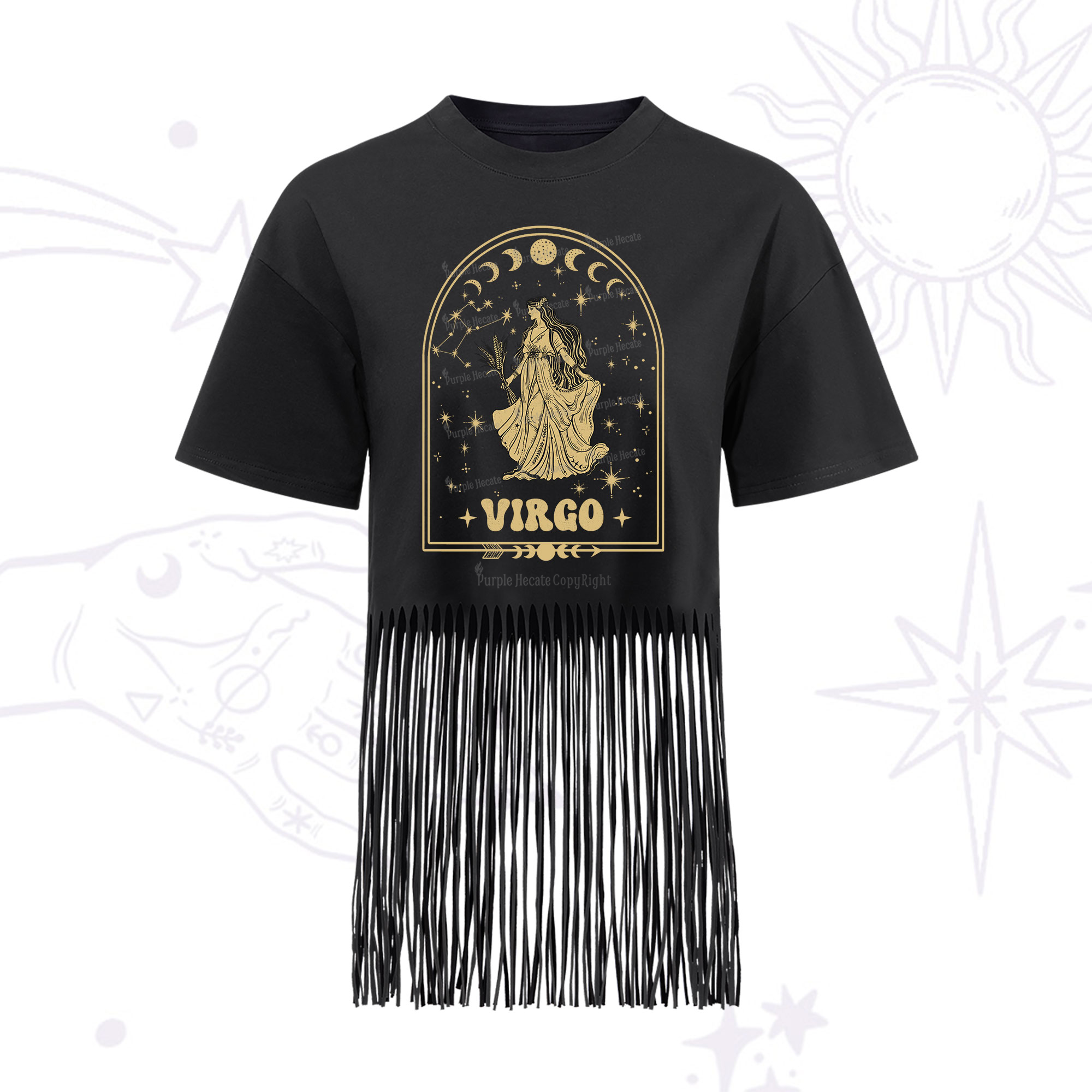 Purplehecate Zodiac Virgo Under the Stars Fringe Hem T-Shirt