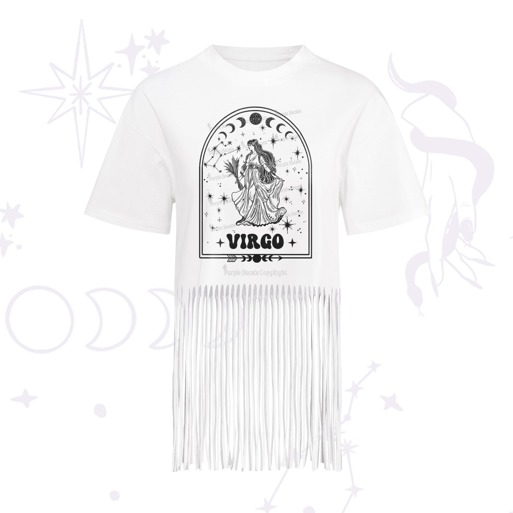 Purplehecate Zodiac Virgo Under the Stars Fringe Hem T-Shirt