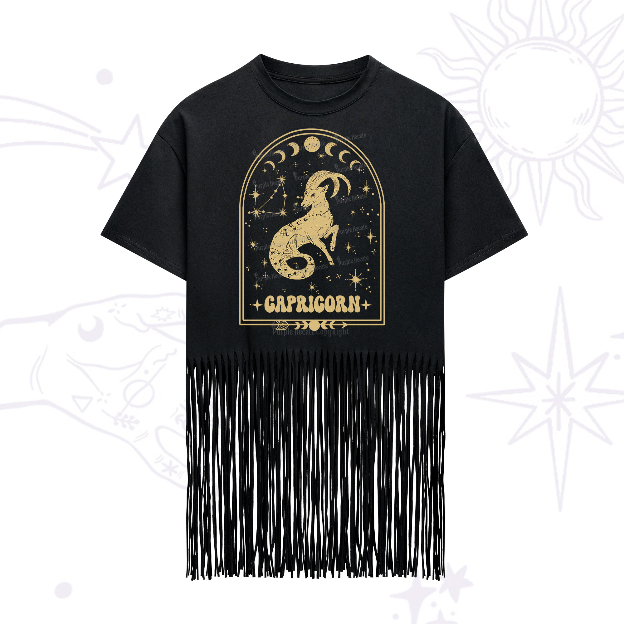 Purplehecate Zodiac Capricorn Under the Stars Fringe Hem T-Shirt