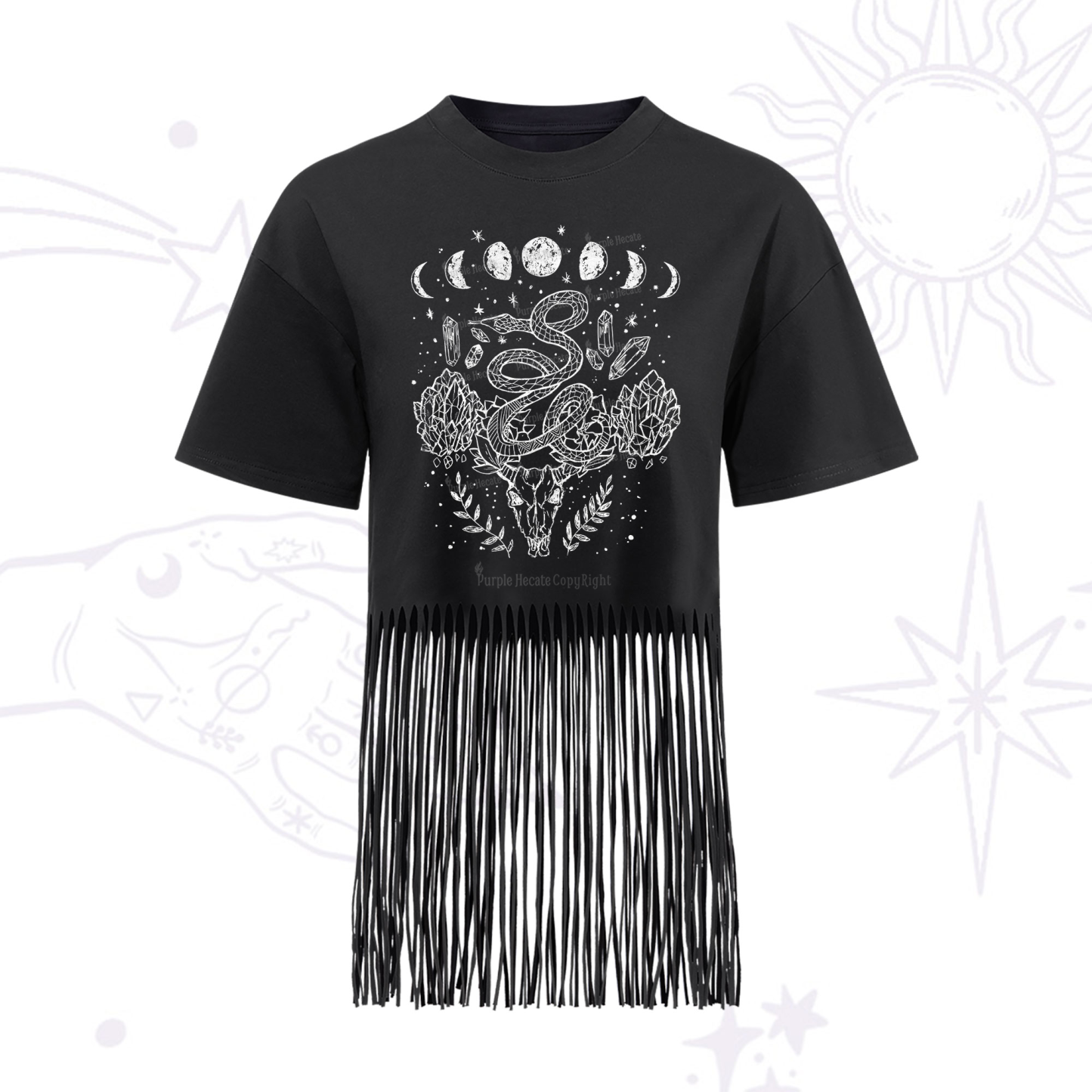 Purplehecate Crystals Witchy Fringe Hem T-Shirt