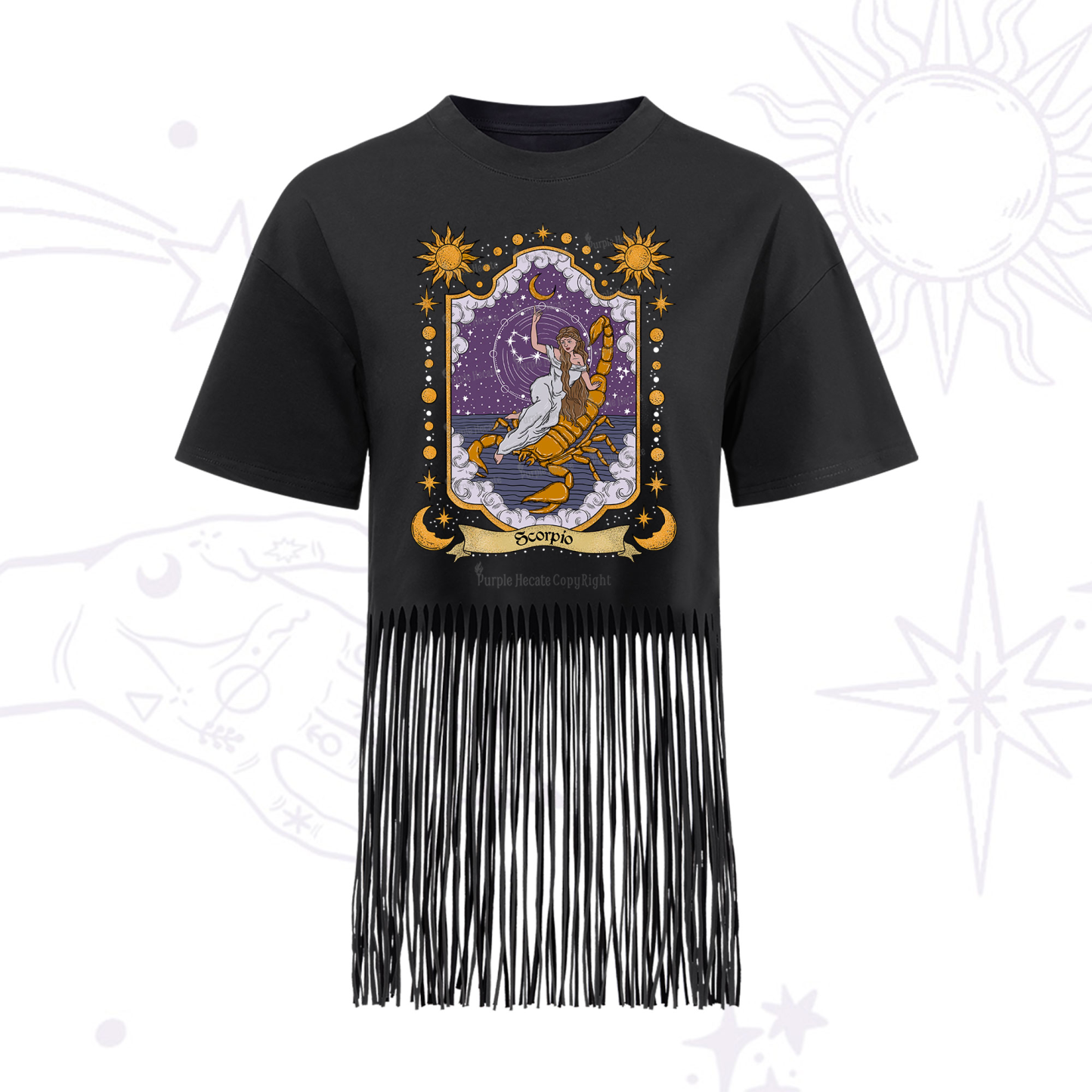 Purplehecate Scorpio Zodiac Fringe Hem T-Shirt