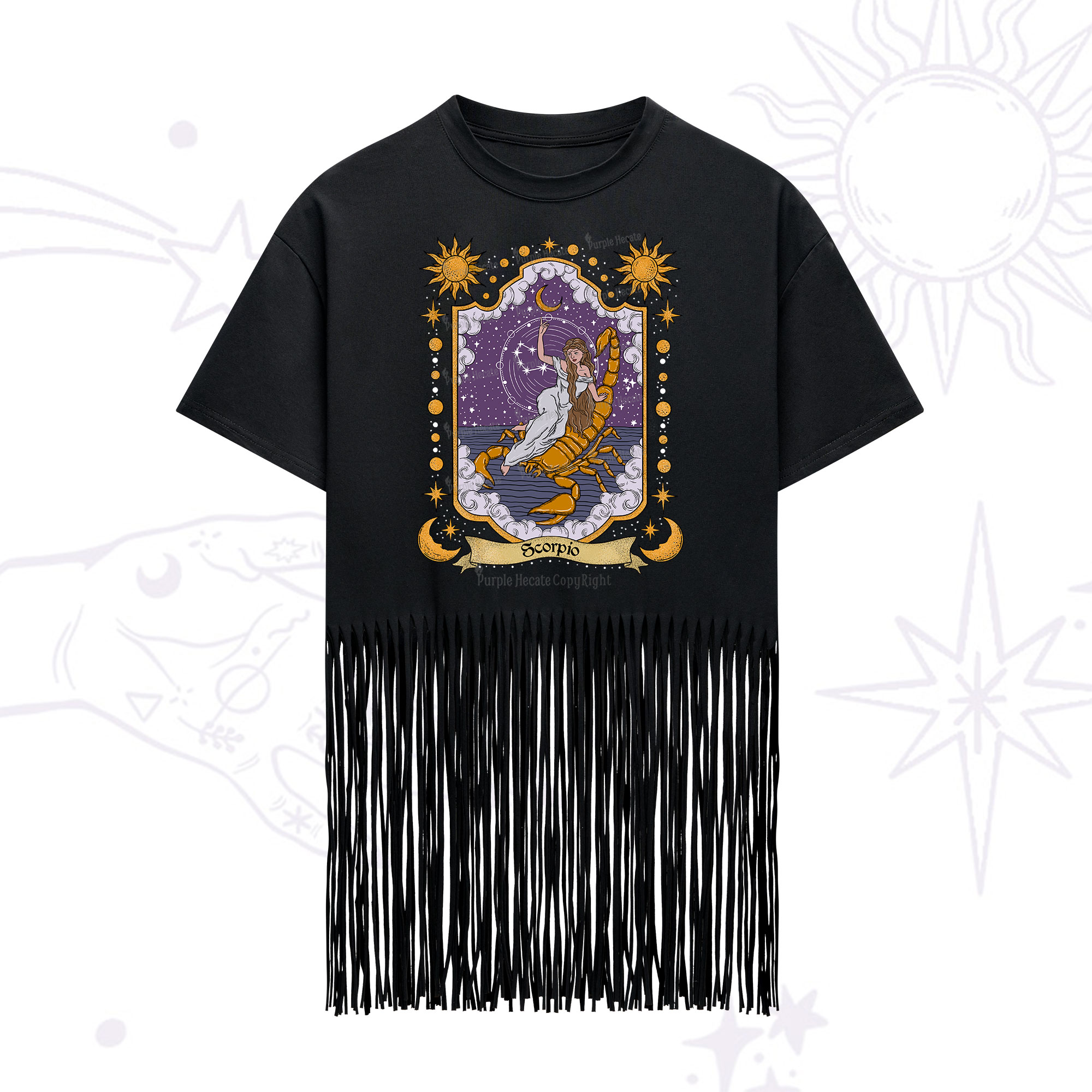 Purplehecate Scorpio Zodiac Fringe Hem T-Shirt