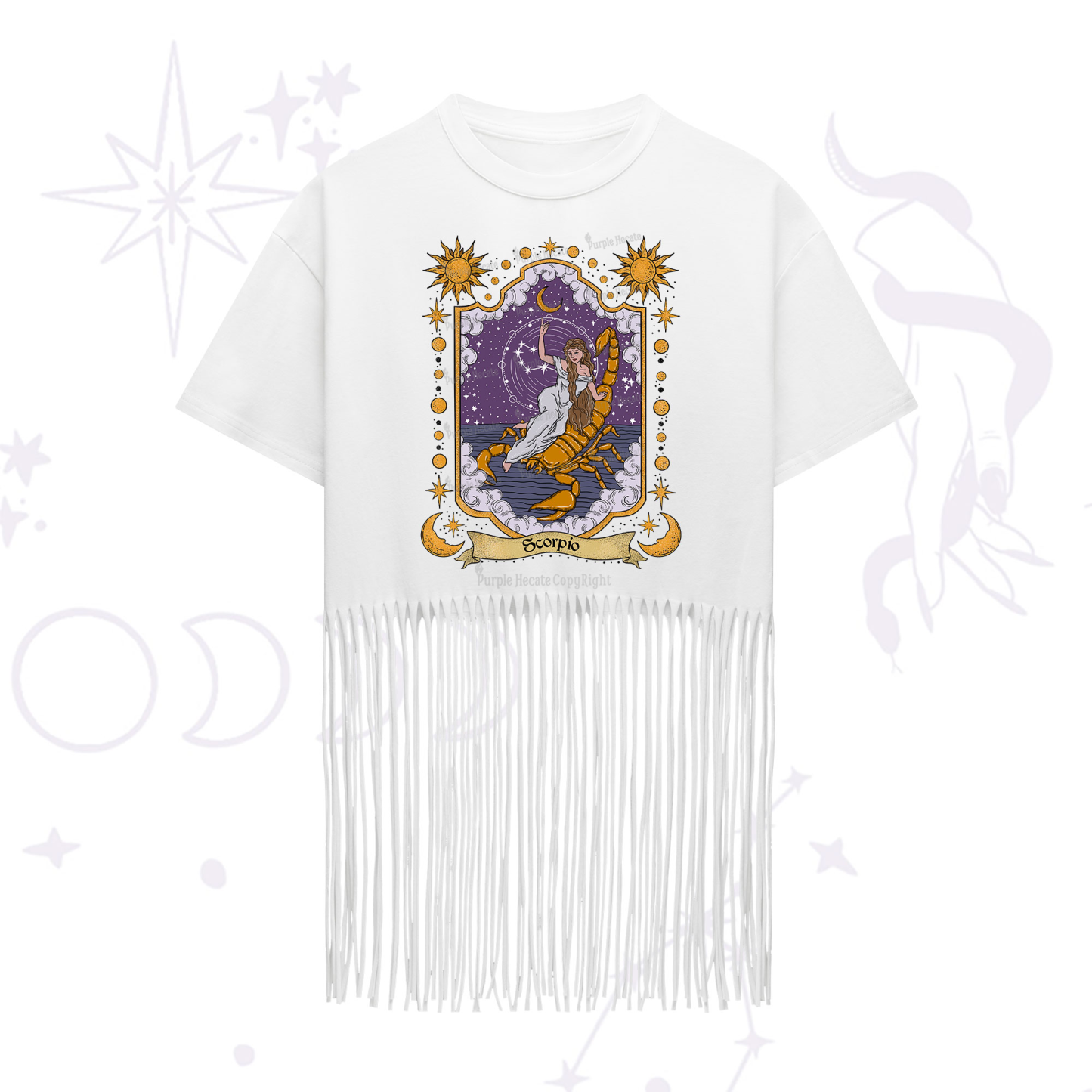 Purplehecate Scorpio Zodiac Fringe Hem T-Shirt