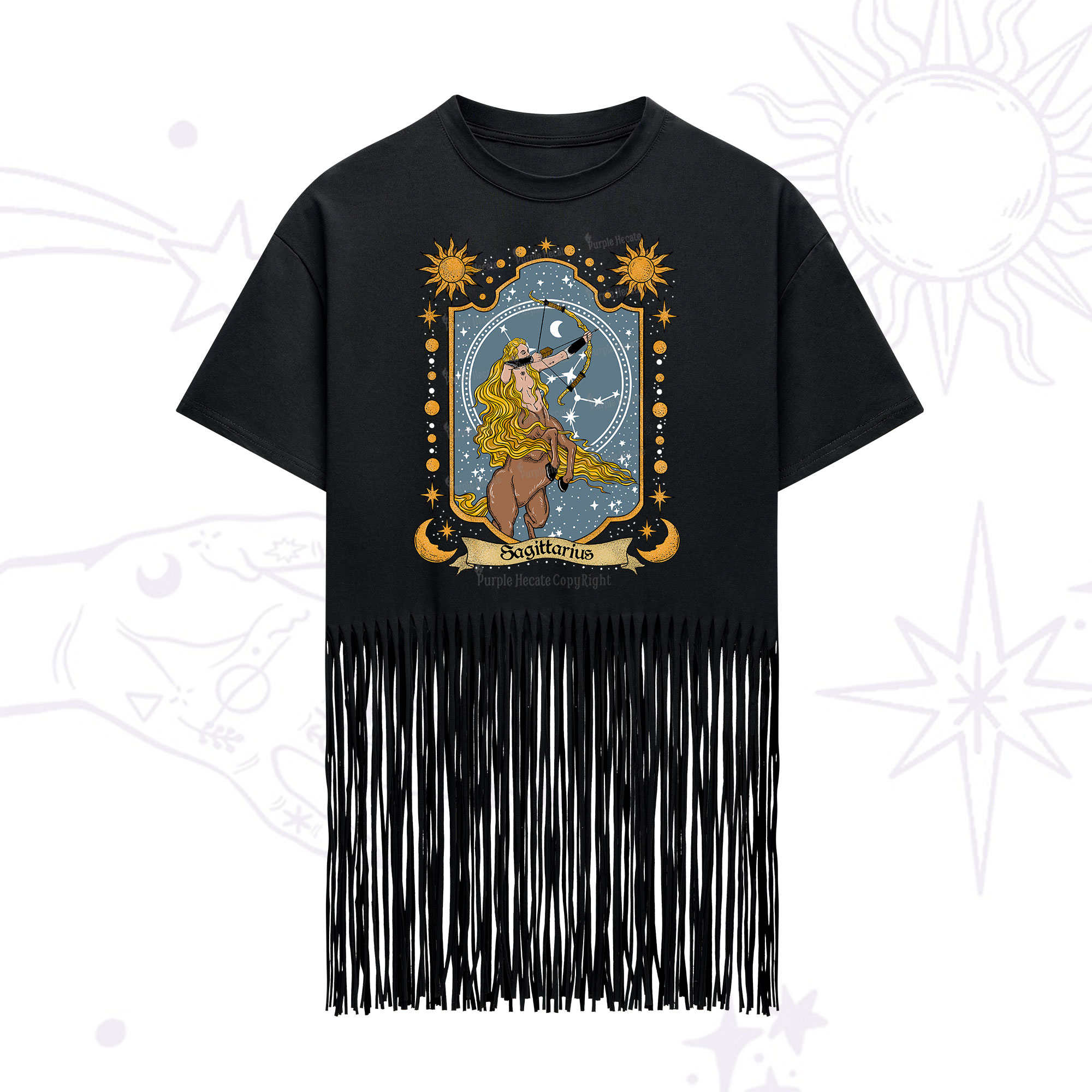 Purplehecate Sagittarius Zodiac Fringe Hem T-Shirt