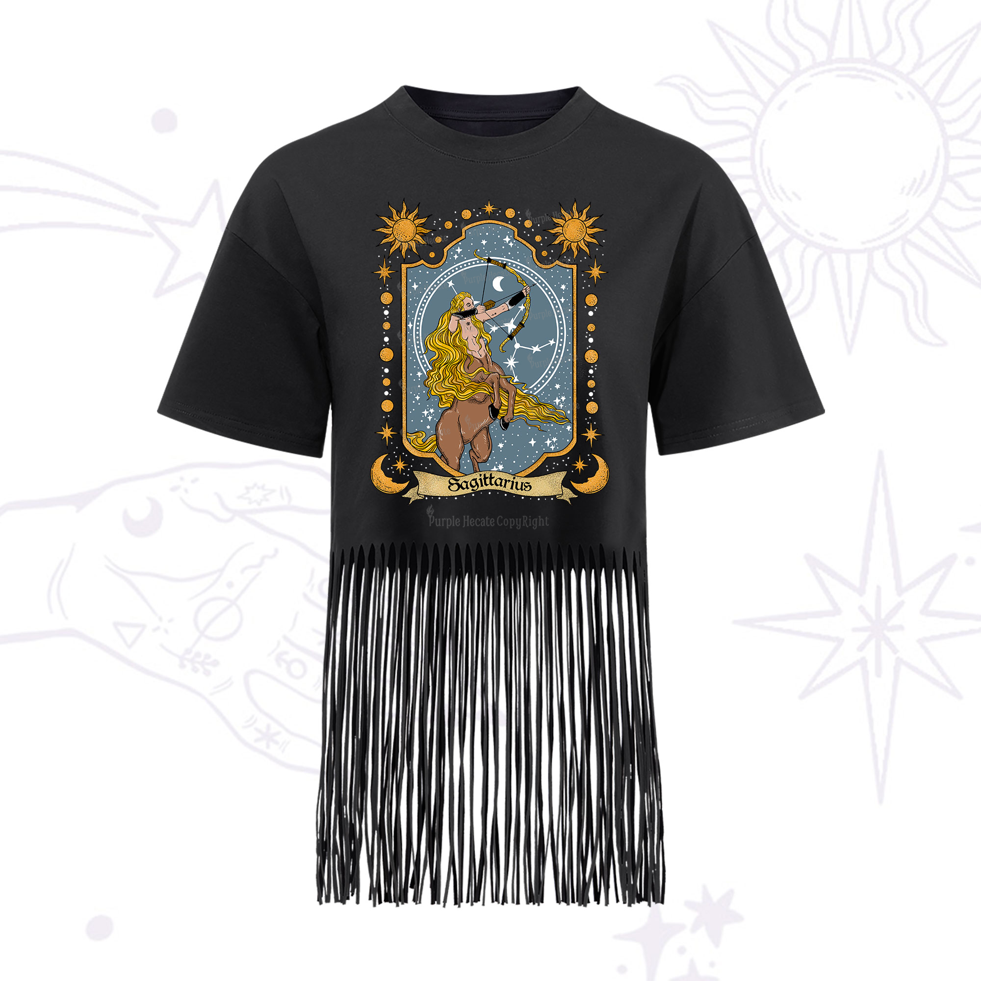 Purplehecate Sagittarius Zodiac Fringe Hem T-Shirt