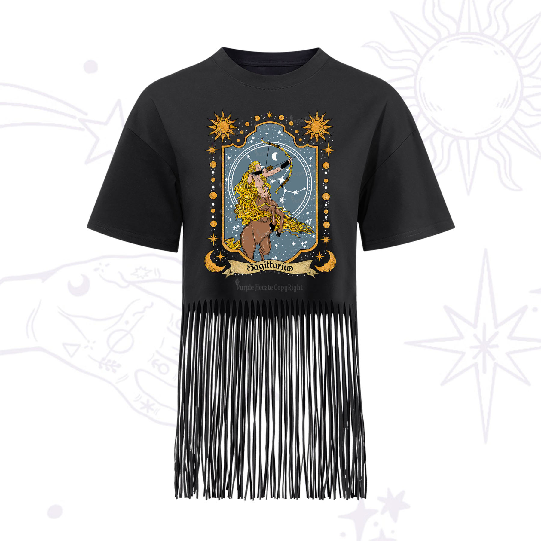 Purplehecate Sagittarius Zodiac Fringe Hem T-Shirt