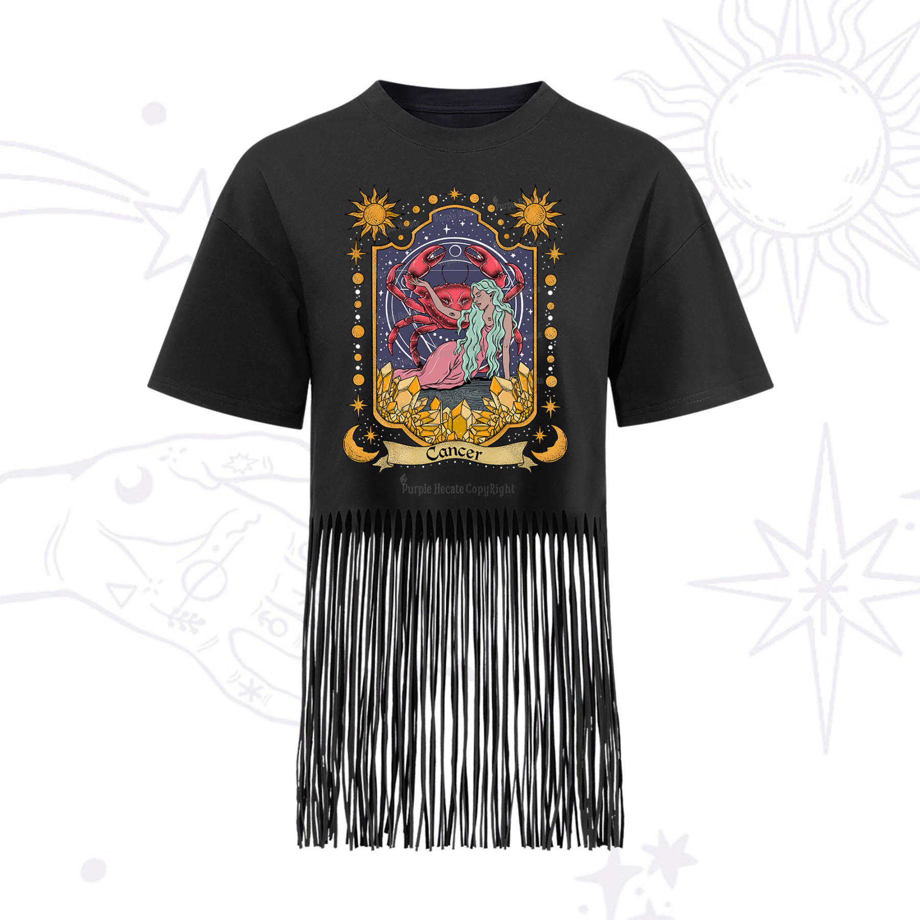 Purplehecate Cancer Zodiac Fringe Hem T-Shirt