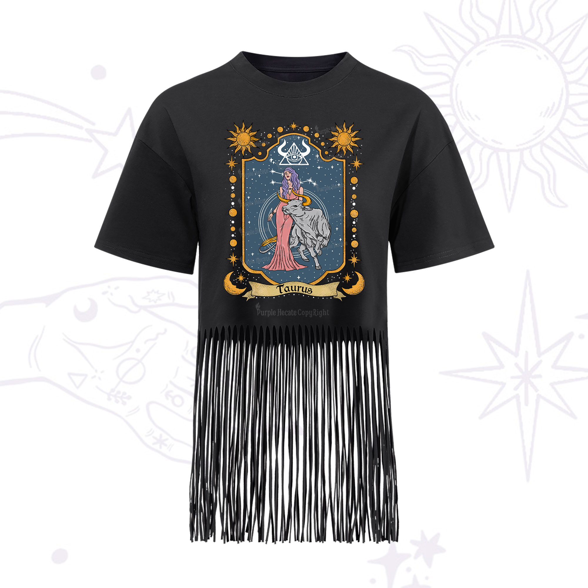 Purplehecate Taurus Zodiac Fringe Hem T-Shirt