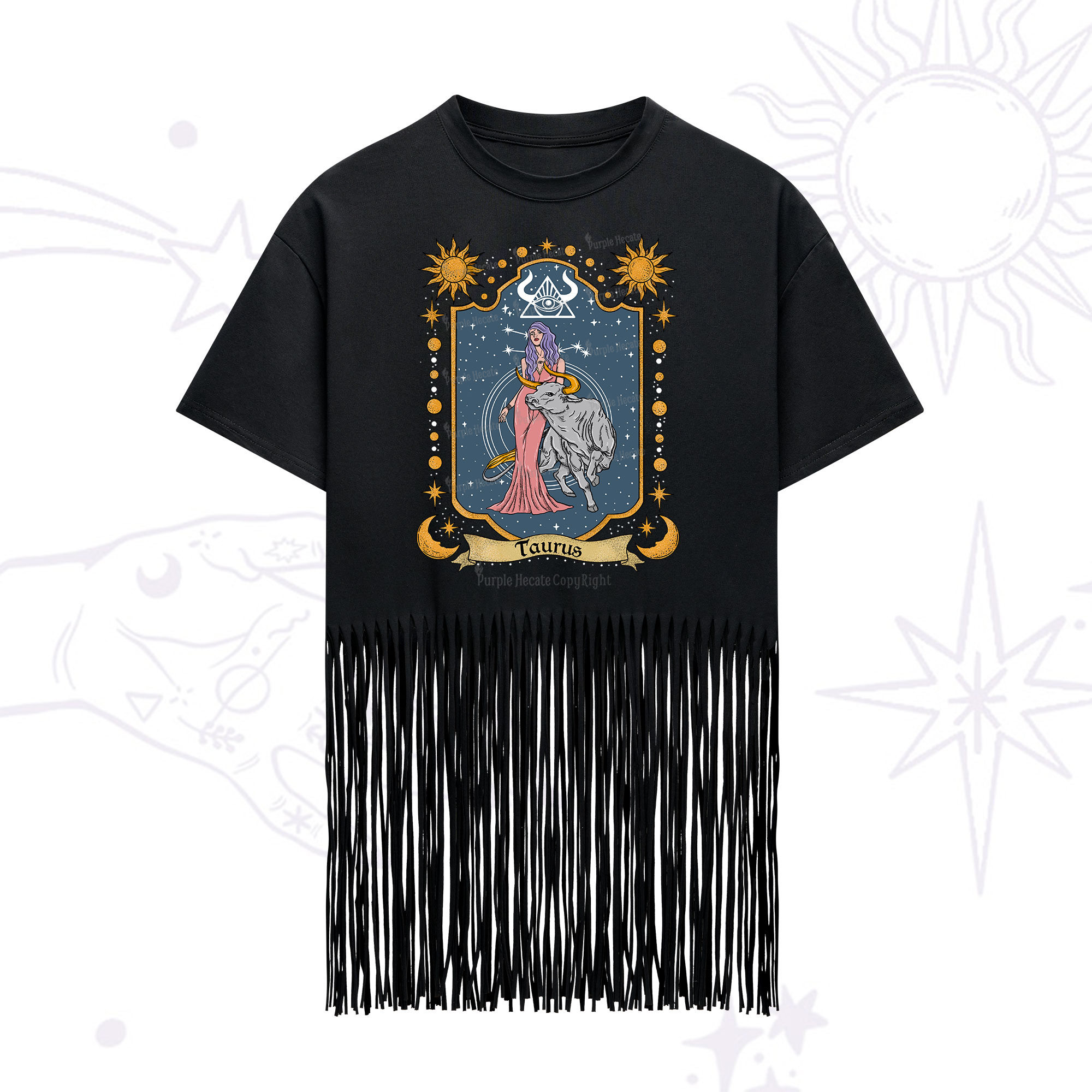 Purplehecate Taurus Zodiac Fringe Hem T-Shirt