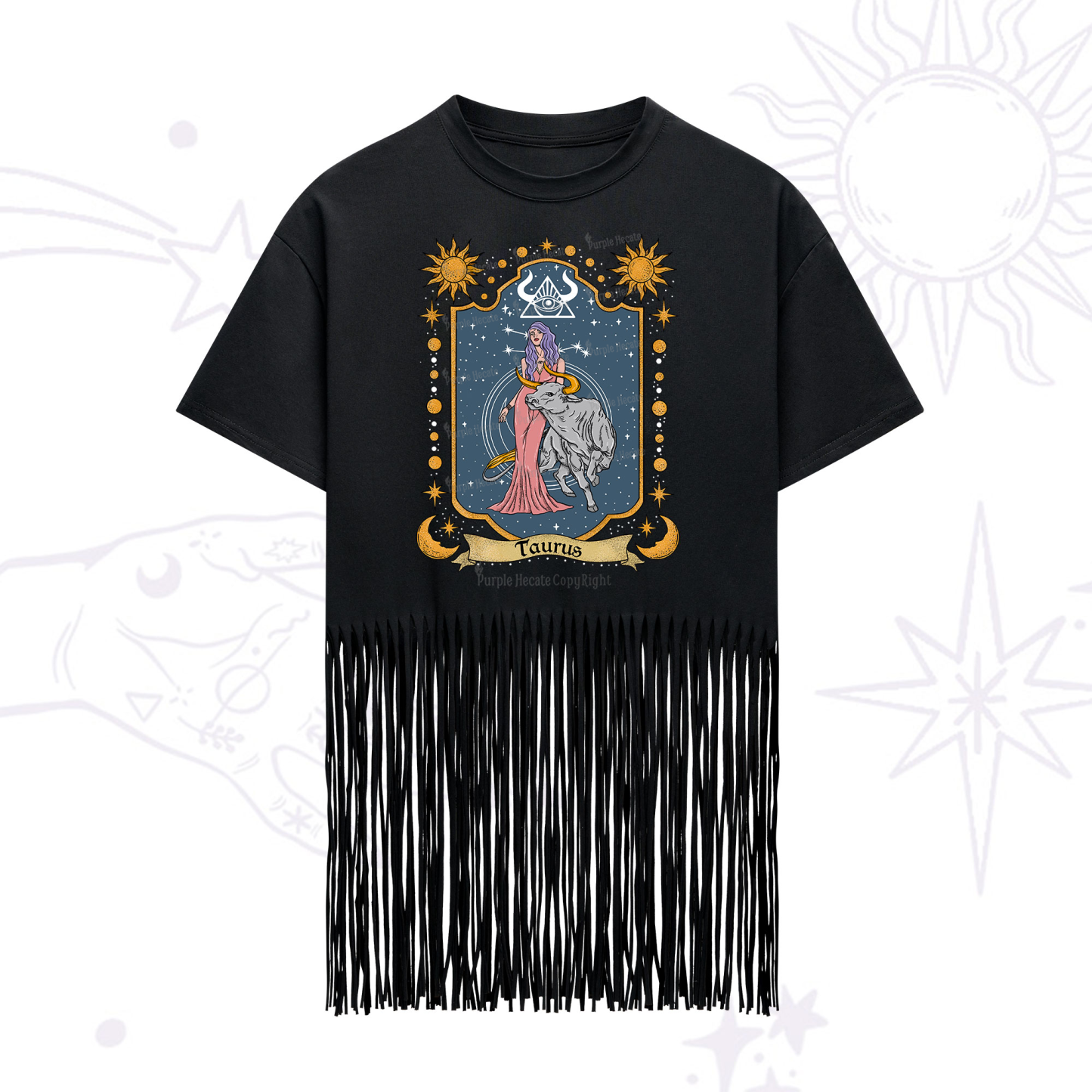 Purplehecate Taurus Zodiac Fringe Hem T-Shirt