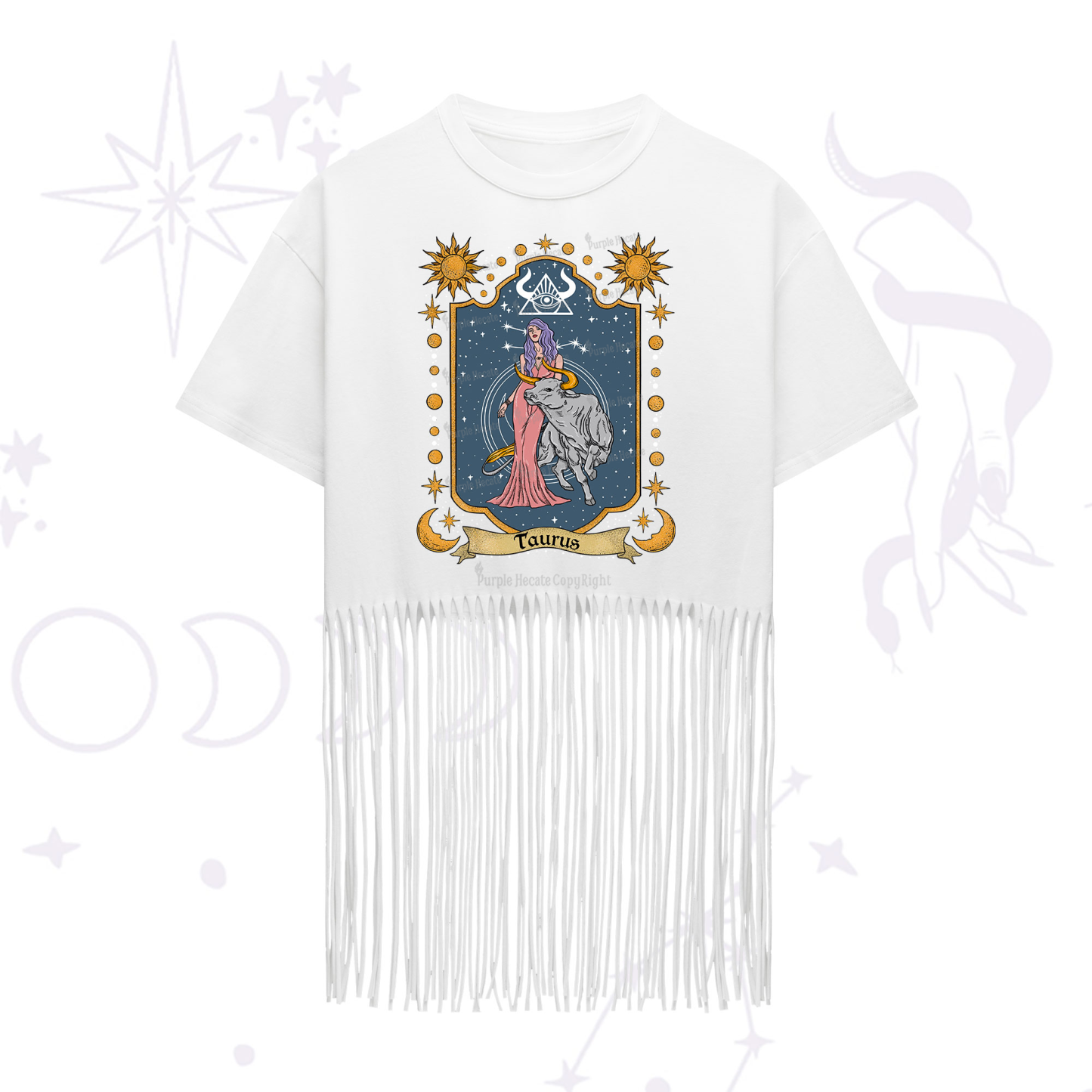 Purplehecate Taurus Zodiac Fringe Hem T-Shirt
