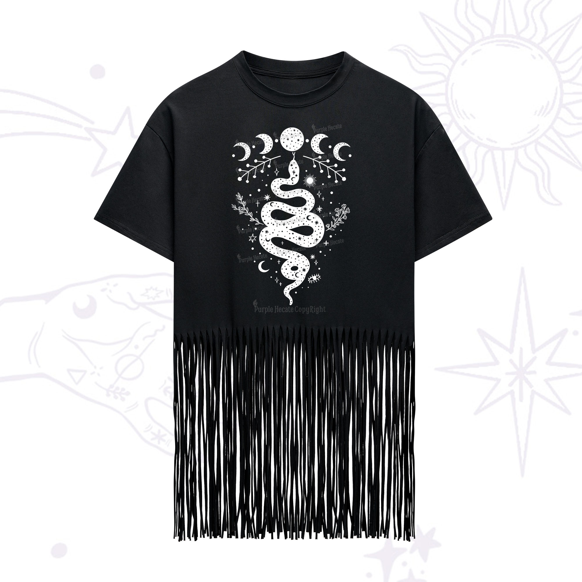 Purplehecate Snake And Moon Phase Comfort Fringe Hem T-Shirt