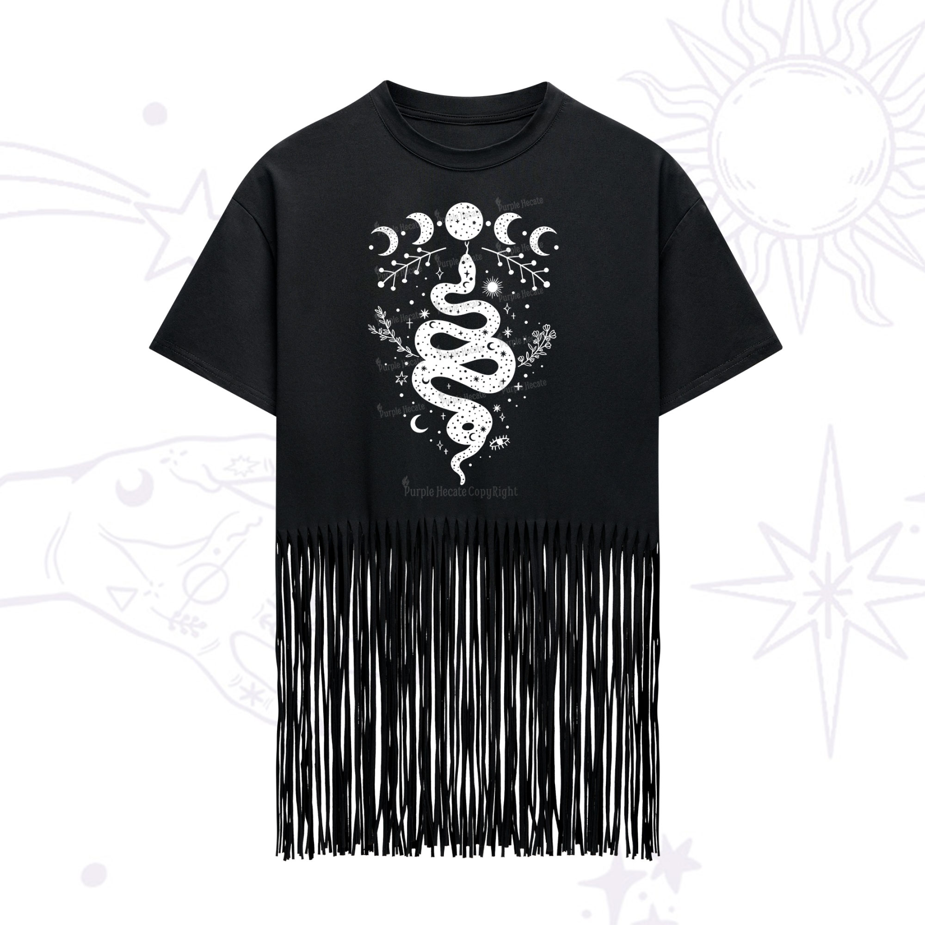 Purplehecate Snake And Moon Phase Comfort Fringe Hem T-Shirt