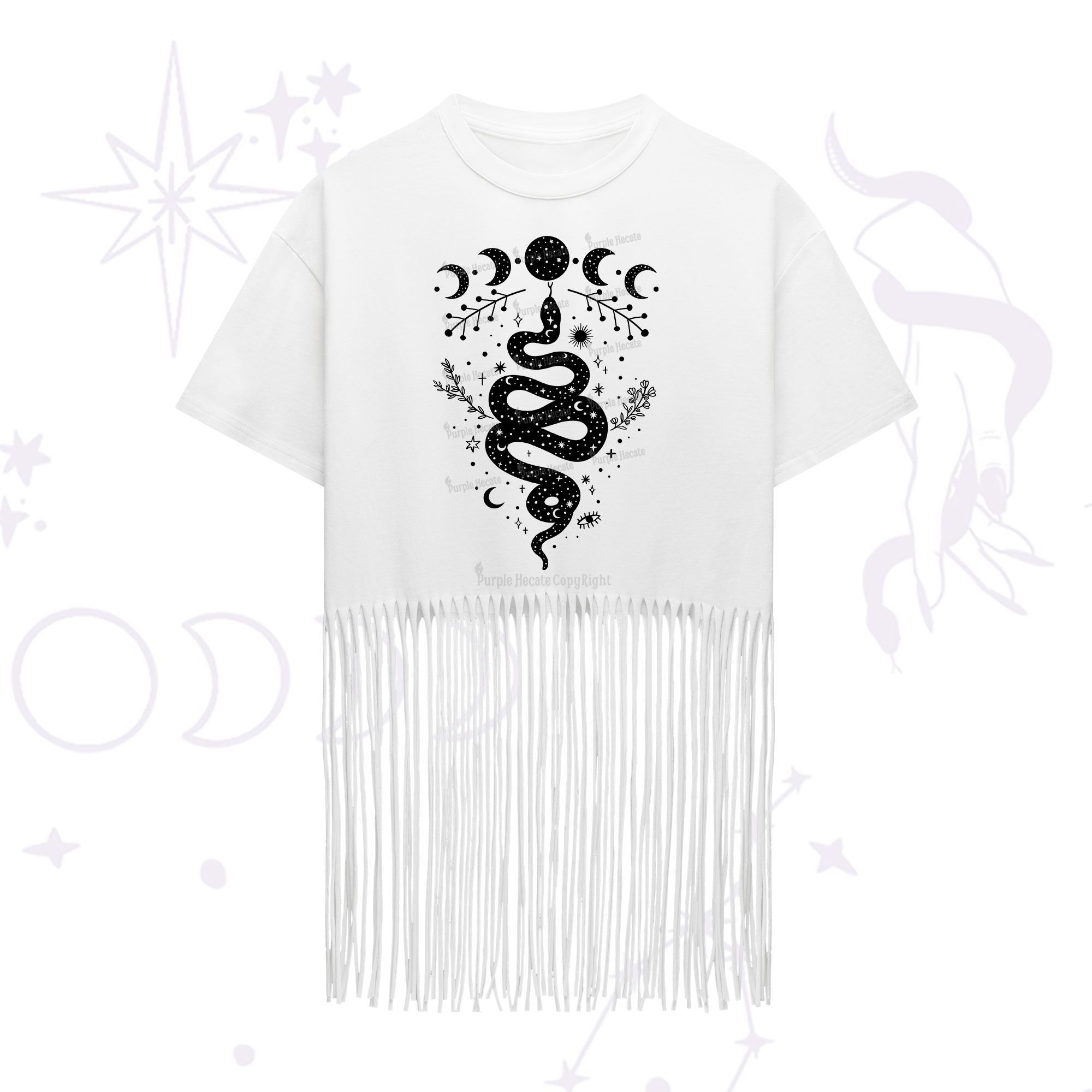Purplehecate Snake And Moon Phase Comfort Fringe Hem T-Shirt