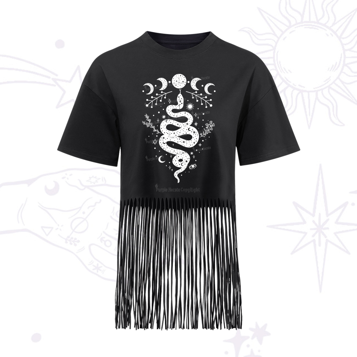 Purplehecate Snake And Moon Phase Comfort Fringe Hem T-Shirt