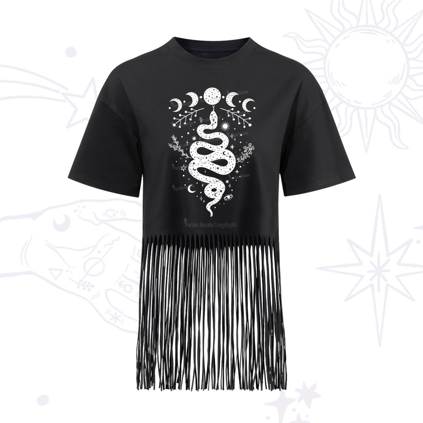 Purplehecate Snake And Moon Phase Comfort Fringe Hem T-Shirt