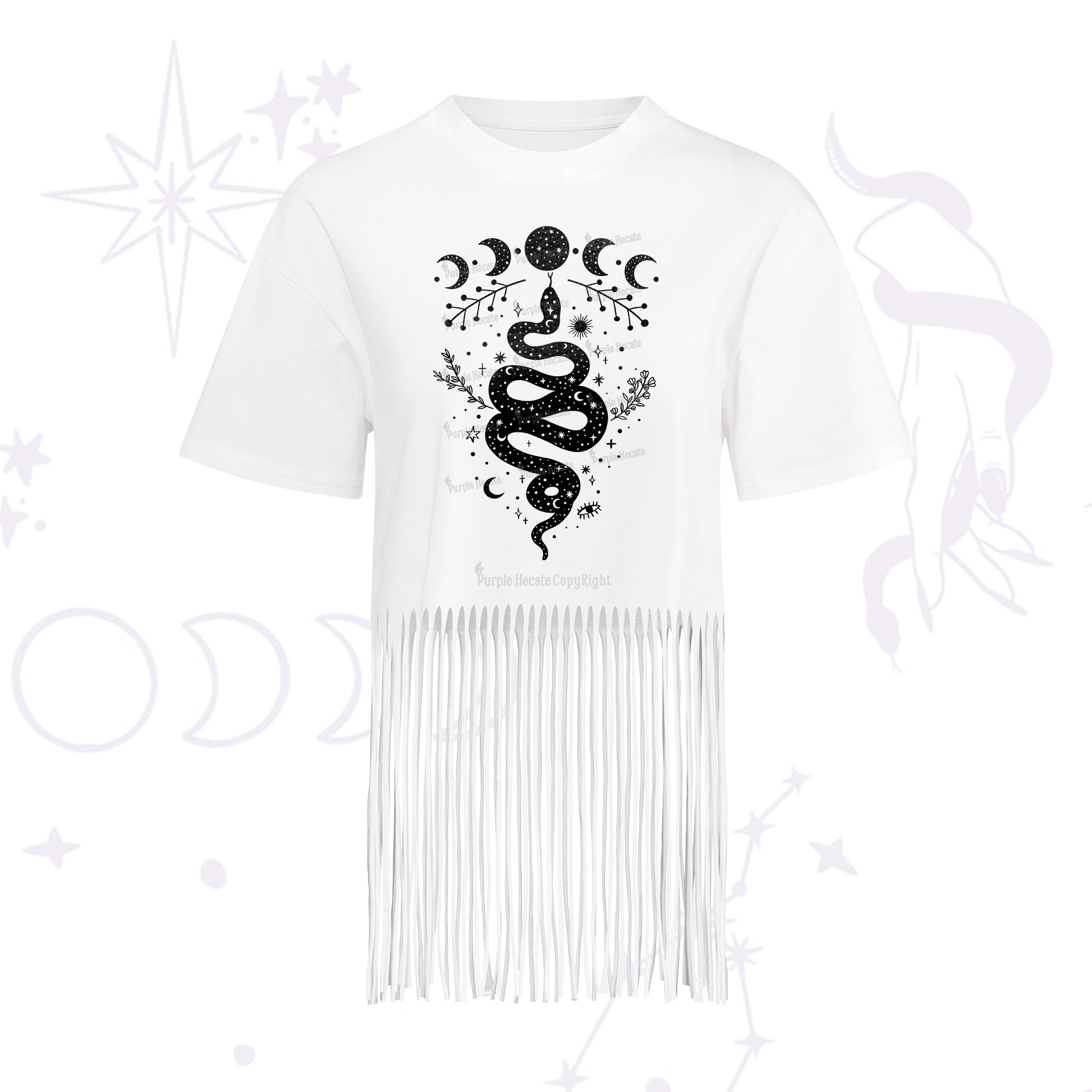 Purplehecate Snake And Moon Phase Comfort Fringe Hem T-Shirt