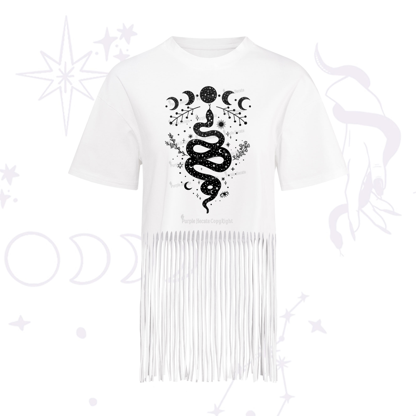 Purplehecate Snake And Moon Phase Comfort Fringe Hem T-Shirt