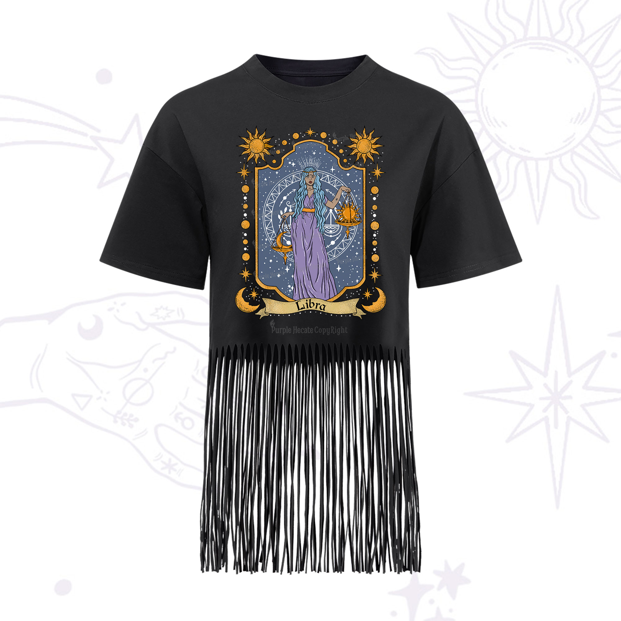 Purplehecate Libra Zodiac Fringe Hem T-Shirt
